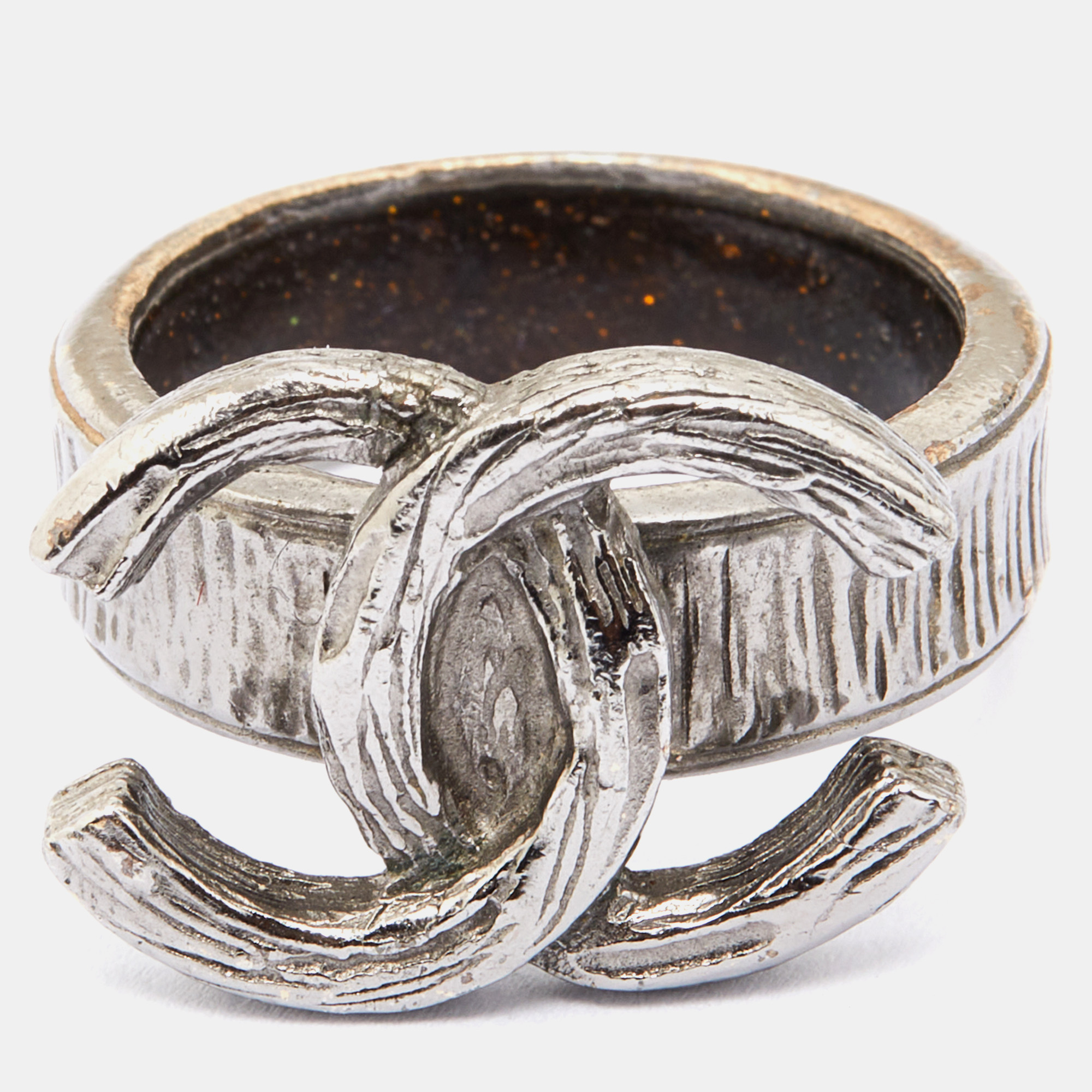 

Chanel Gunmetal Tone Logo Band Ring Size, Grey