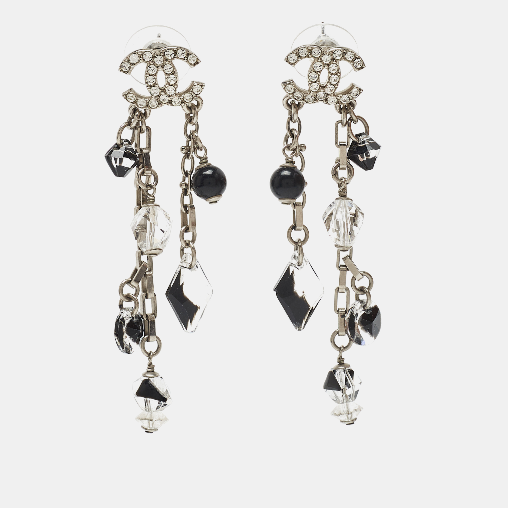 Chanel CC  Enamel Crystals Faux Pearl Silver Tone Metal Drop earrings