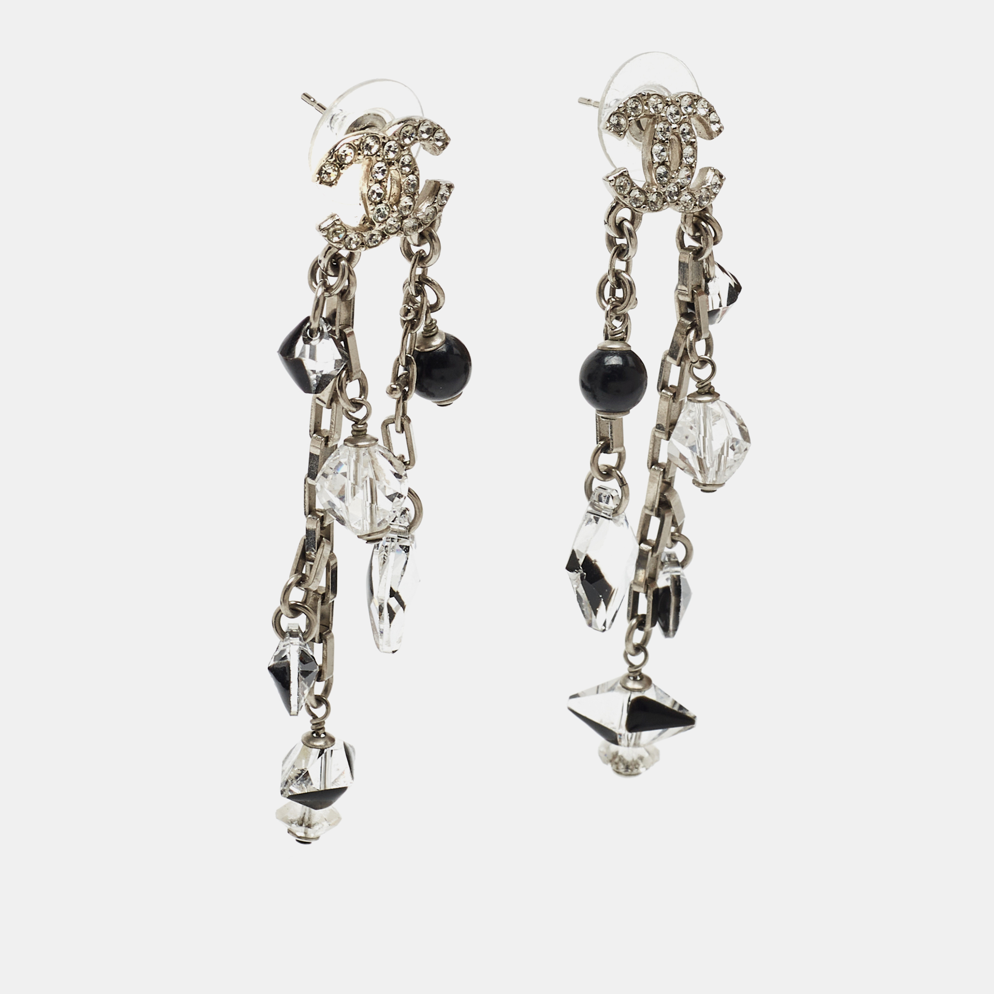 

Chanel CC Enamel Crystals Faux Pearl Silver Tone Metal Drop earrings