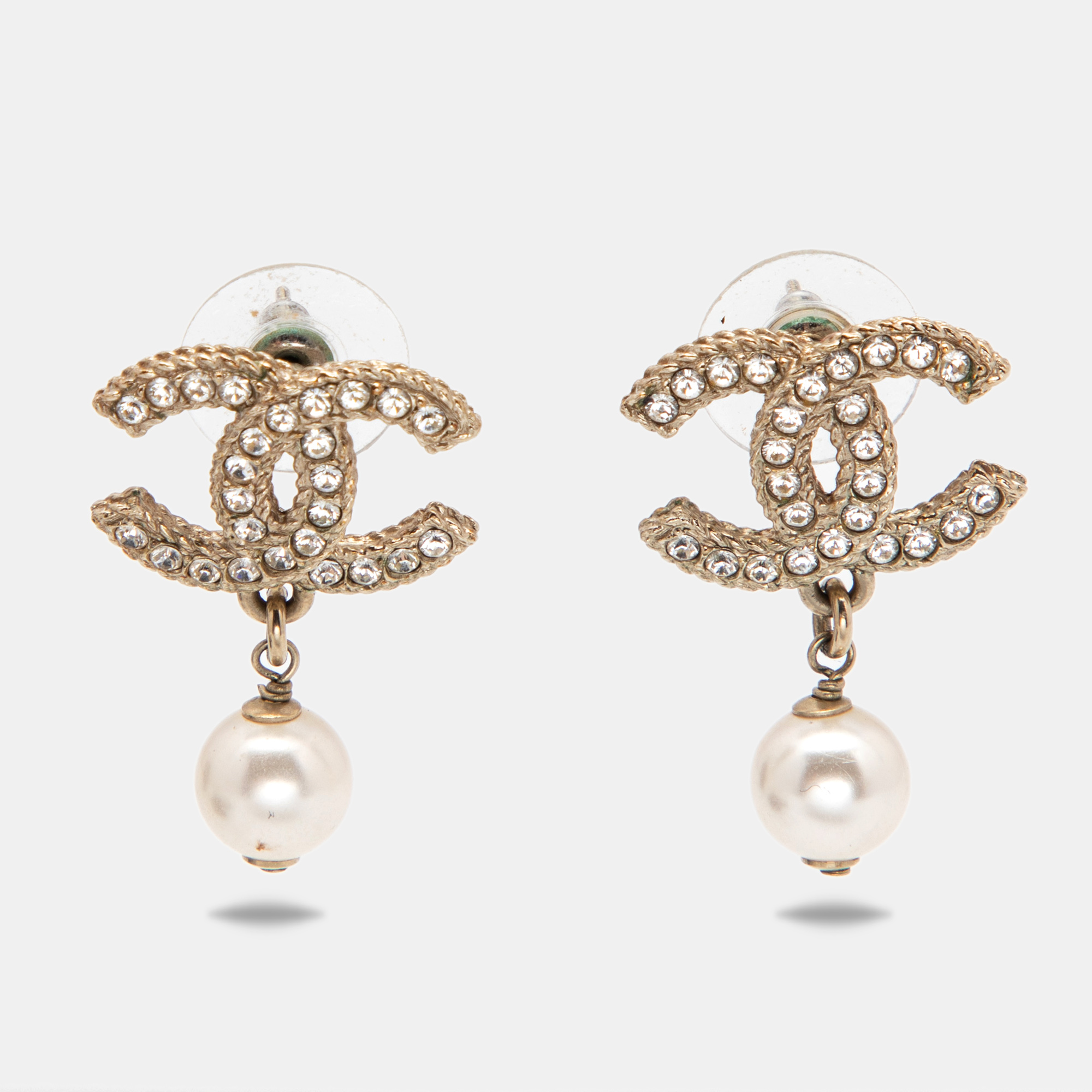 Chanel CC Crystals Faux Pearl Gold Tone Earrings