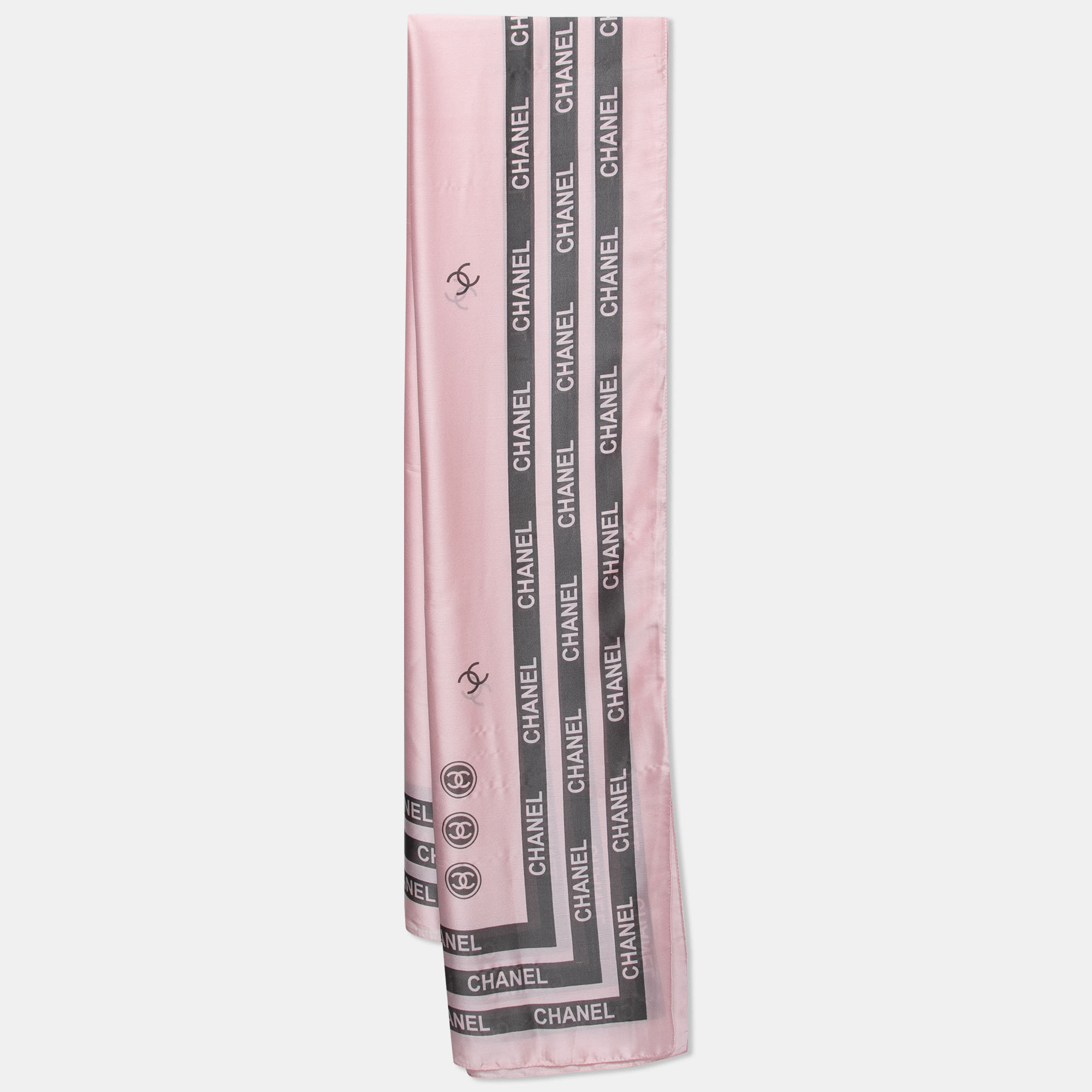 Pre Owned Chanel Light Pink Logo Printed Silk Scarf
