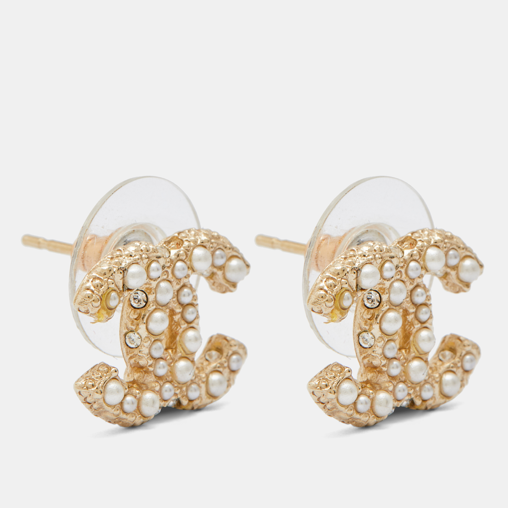 

Chanel Pale Gold Tone Faux Pearl & Crystal CC Stud Earrings