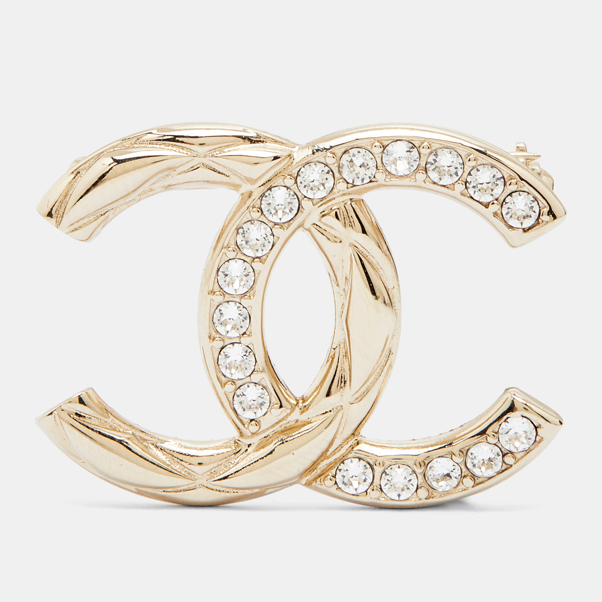 Pre Owned Chanel Pale Gold Crystal Gold Tone CC Brooch