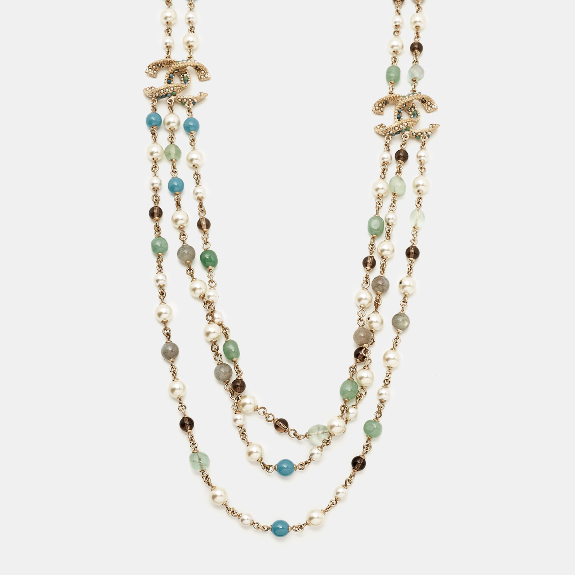 

Chanel CC Multi Gemstone Beads Faux Pearl Gold Tone Long Necklace