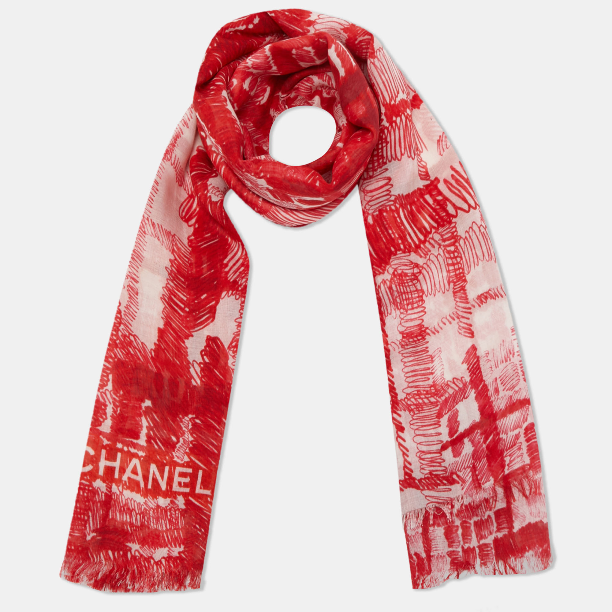 

Chanel Red & White Scribble Print Modal Silk Scarf