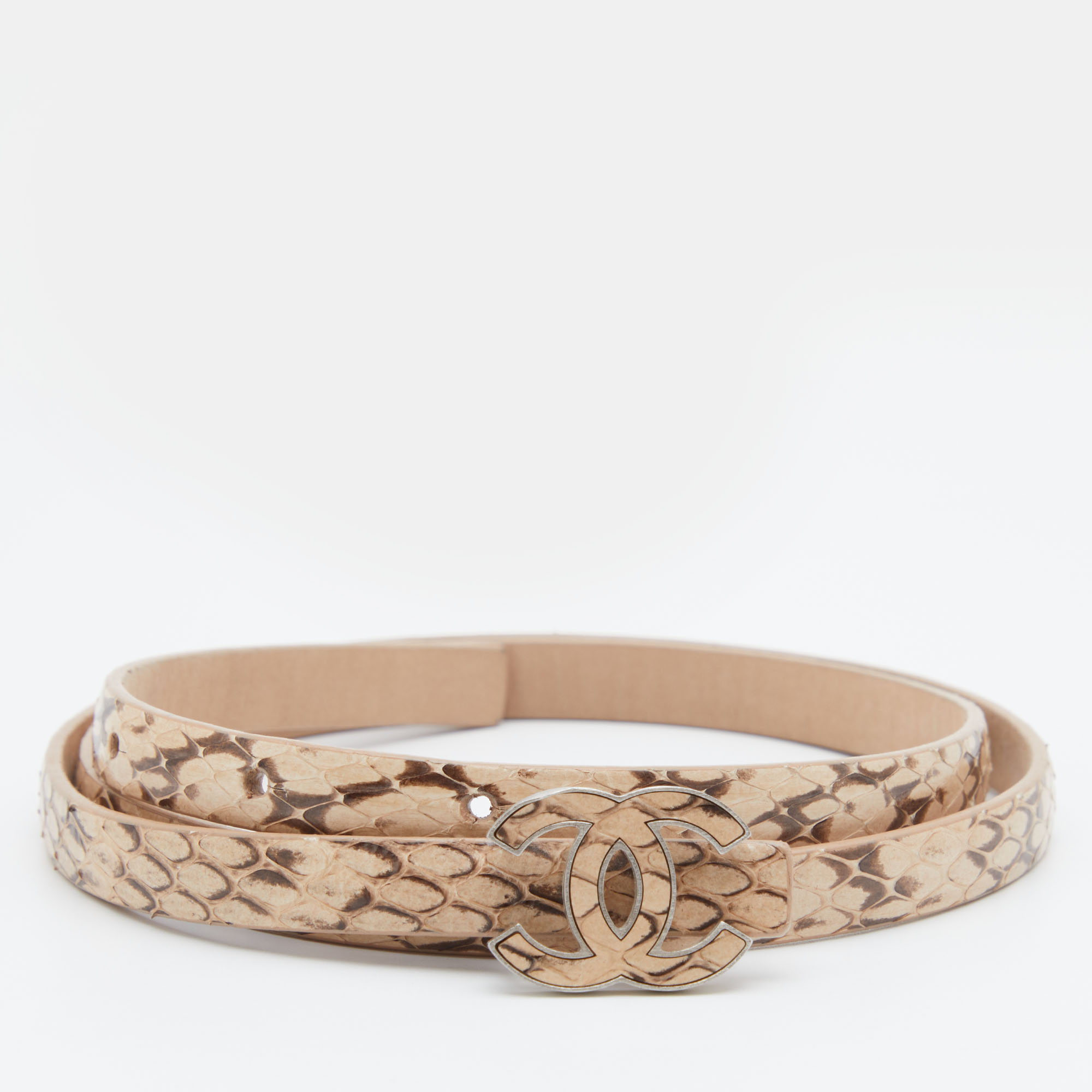 Chanel Beige/Brown Snakeskin Leather Thin CC Buckle Belt 75 CM