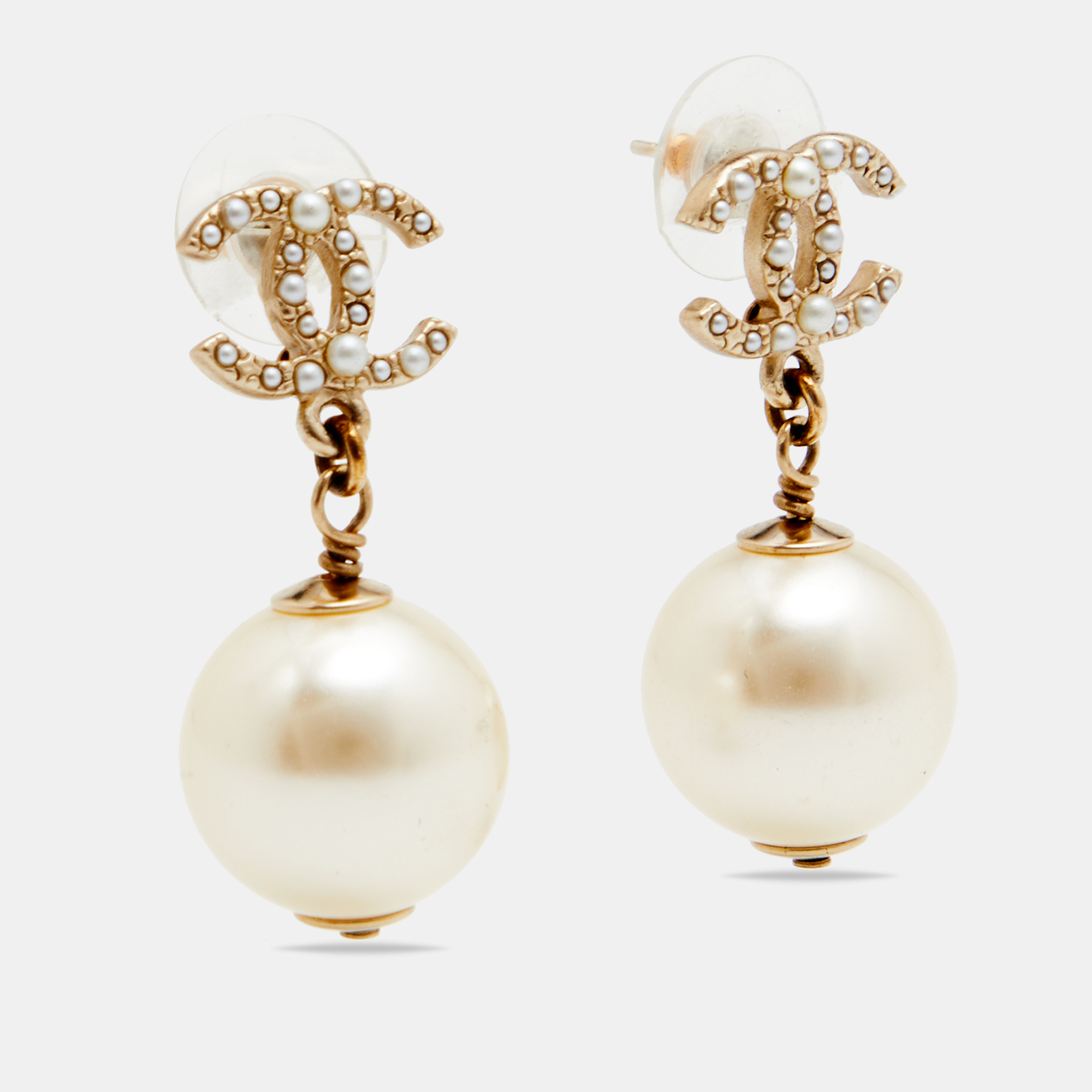 

Chanel Pale Gold Tone CC Faux Pearl Drop Earrings