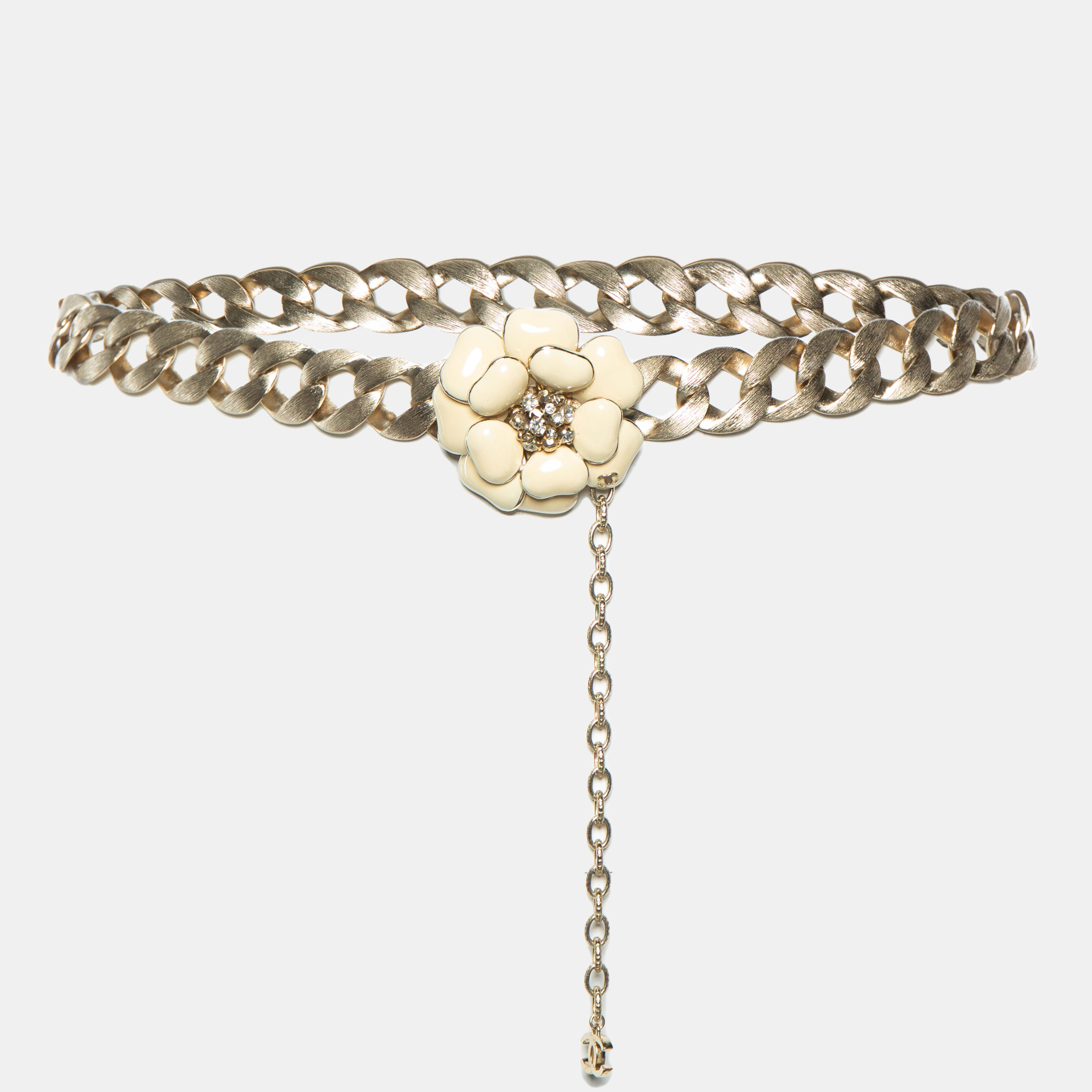 Pre Owned Chanel Brushed Gold Tone Camellia Charm Chain Belt