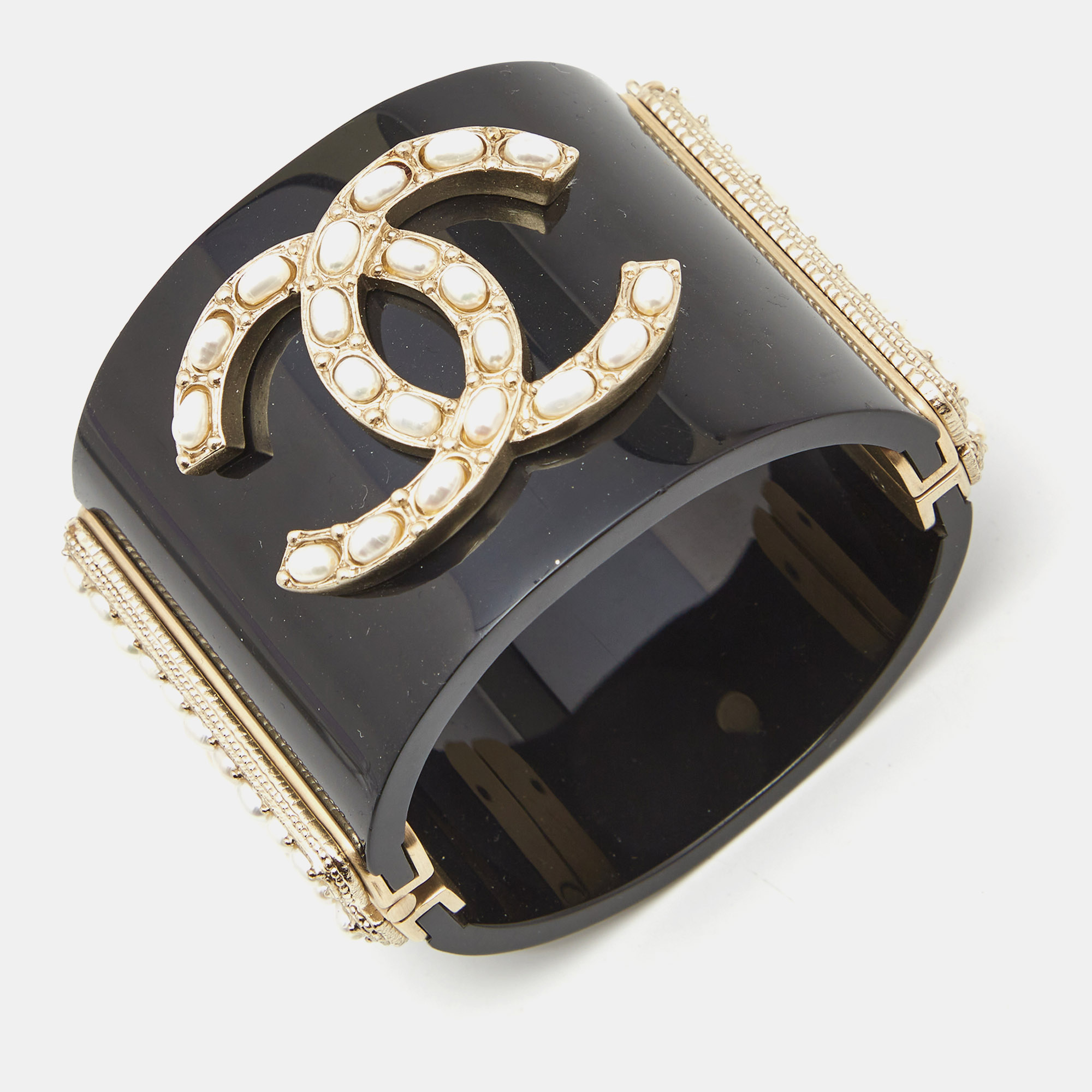 

Chanel CC Faux Pearl Black Resin Gold Tone Wide Cuff Bracelet