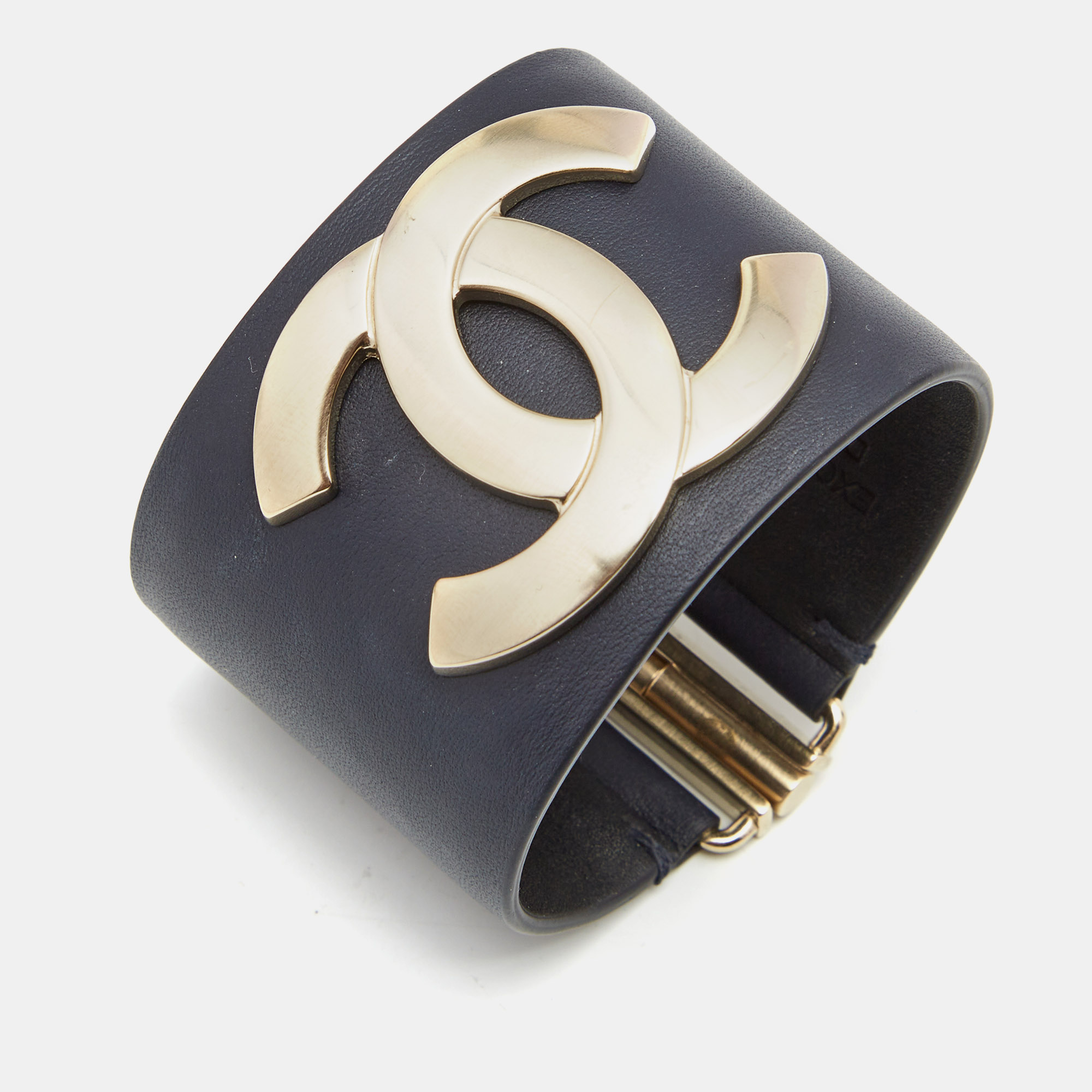 

Chanel CC Leather Gold Tone Wide Cuff Bracelet, Black
