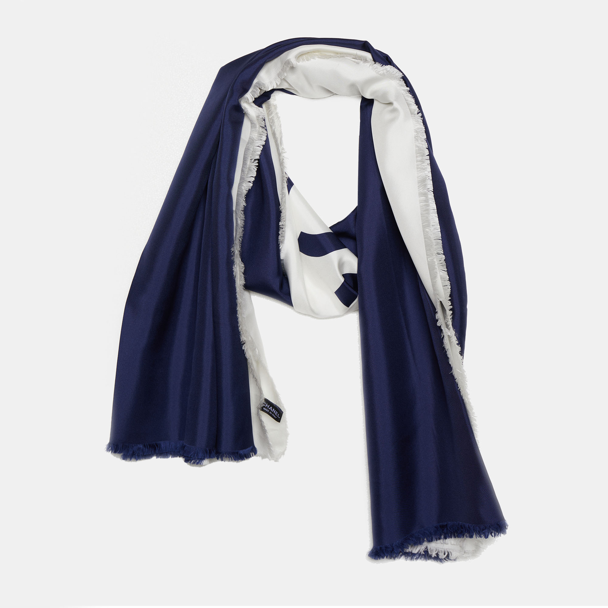 

Chanel Navy Blue & White Logo Printed Silk Shawl