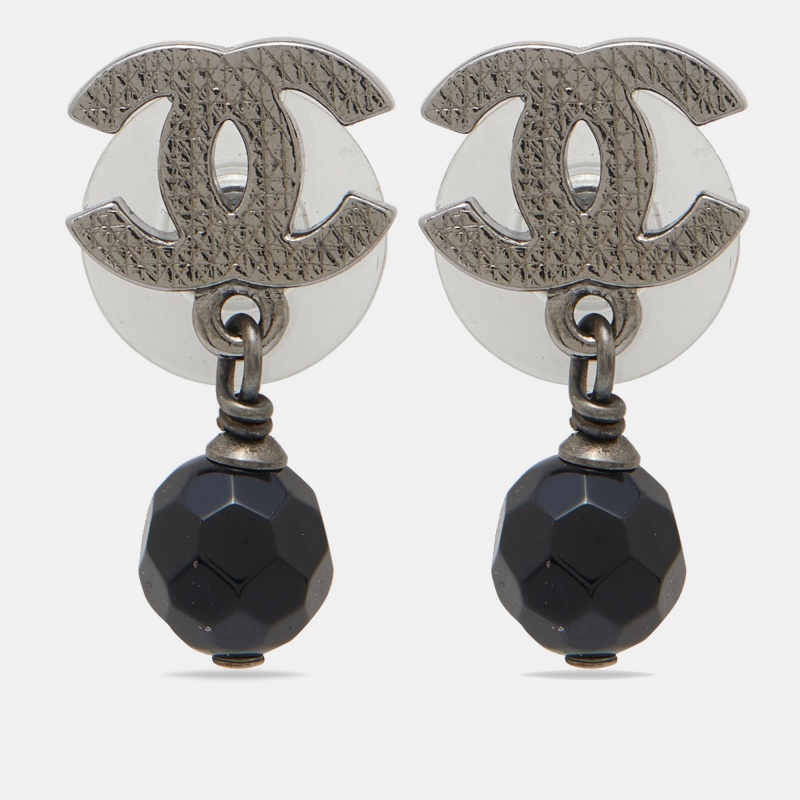 Chanel CC Black Bead Gunmetal Tone Drop Earrings Chanel | TLC