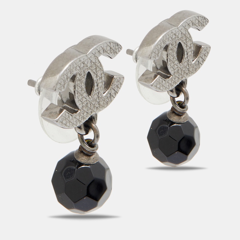 

Chanel CC Black Bead Gunmetal Tone Drop Earrings