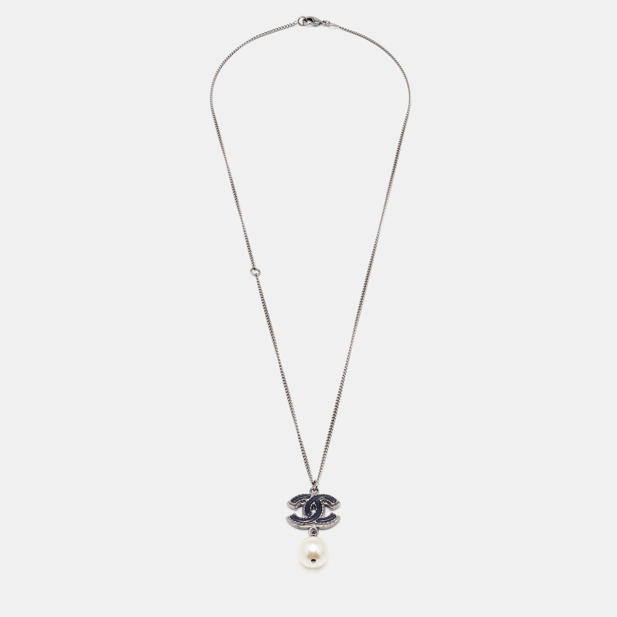 

Chanel Gunmetal Tone Black CC Charm Faux Pearl Drop Necklace, Silver