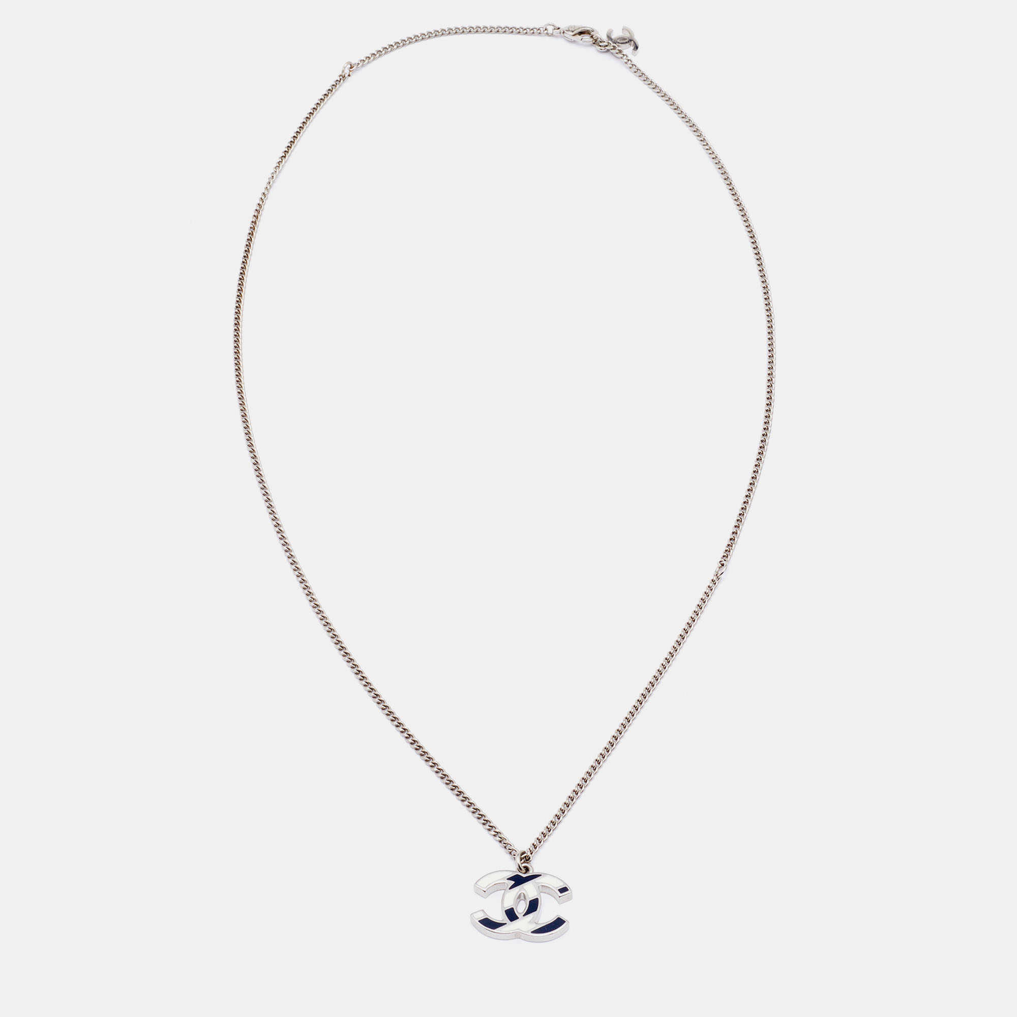 

Chanel Bicolor Striped Enamel CC Silver Tone Chain Necklace