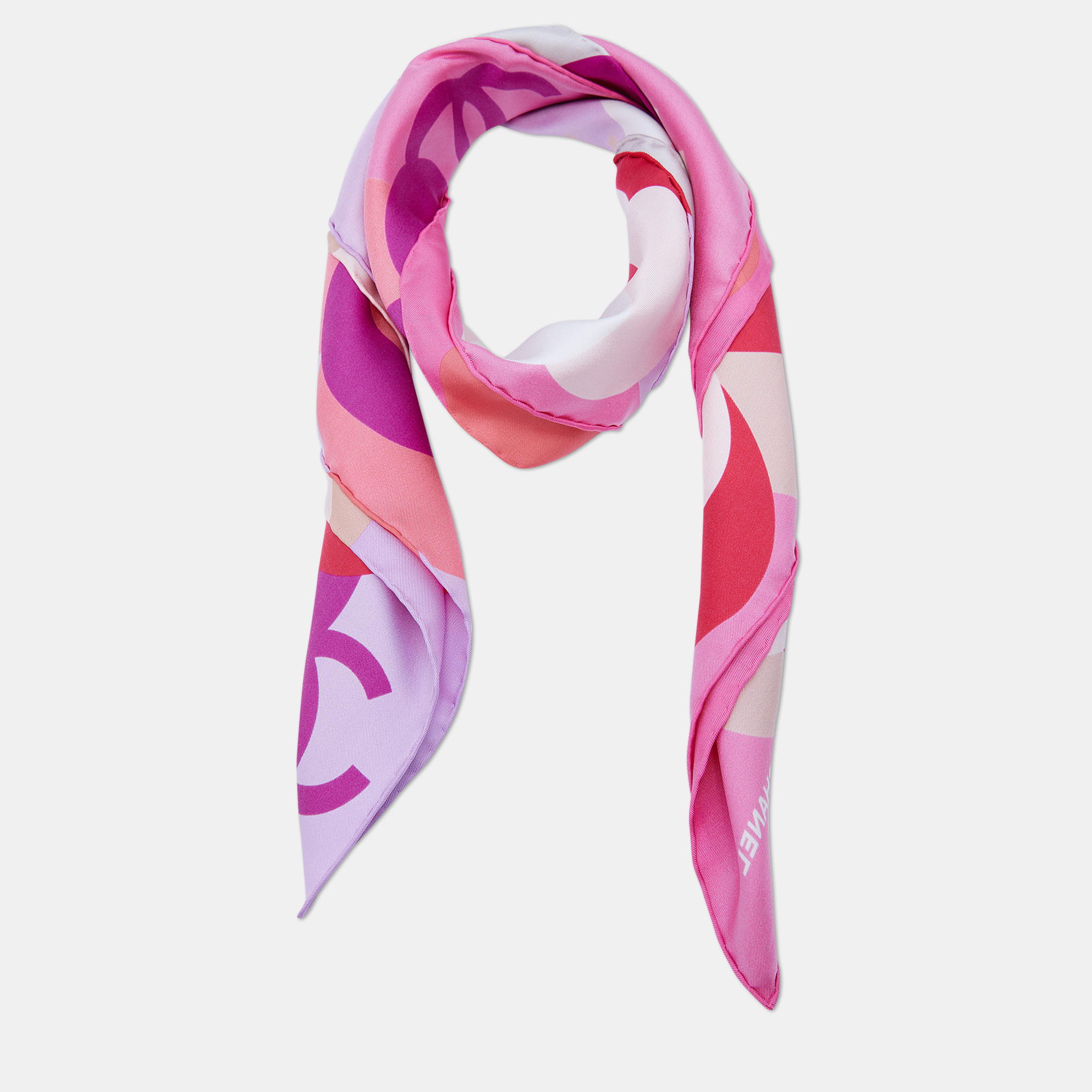 

Chanel Pink Floral Interlocking CC Printed Silk Square Scarf