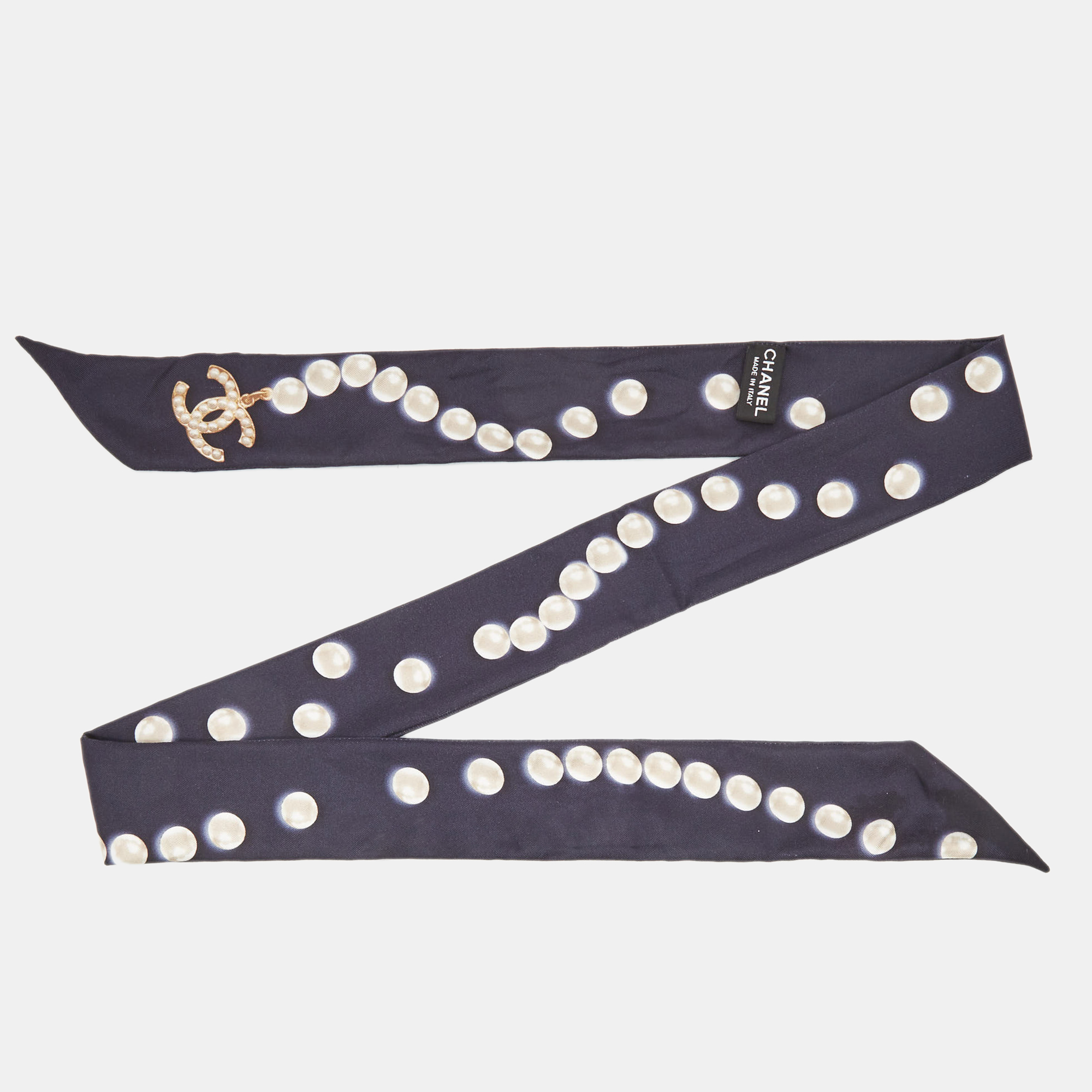 

Chanel Navy Blue Pearl Print Silk Bandeau Scarf