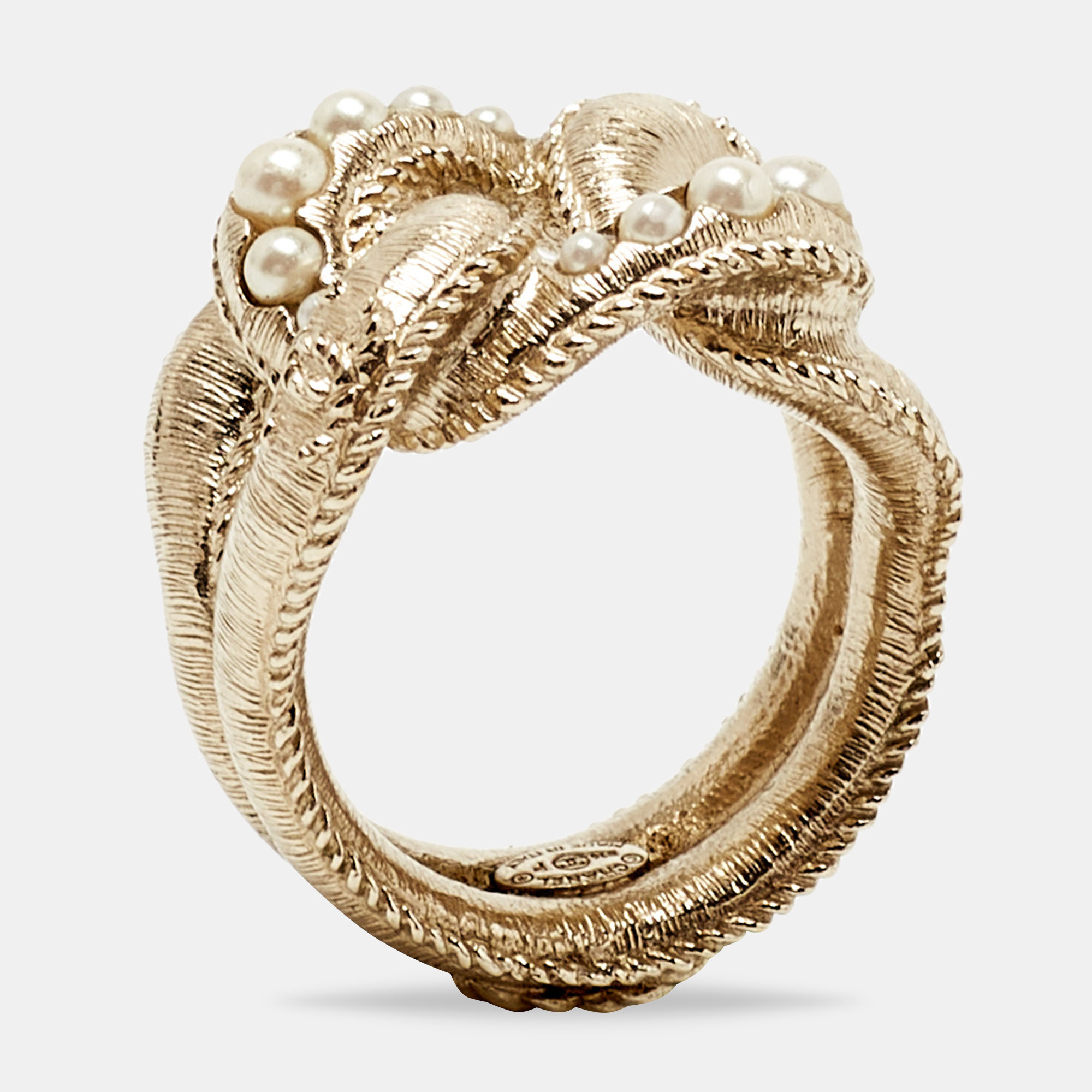 Pre Owned Chanel Pale Gold Tone Faux CC Chain Link Cocktail Ring Size 52.5