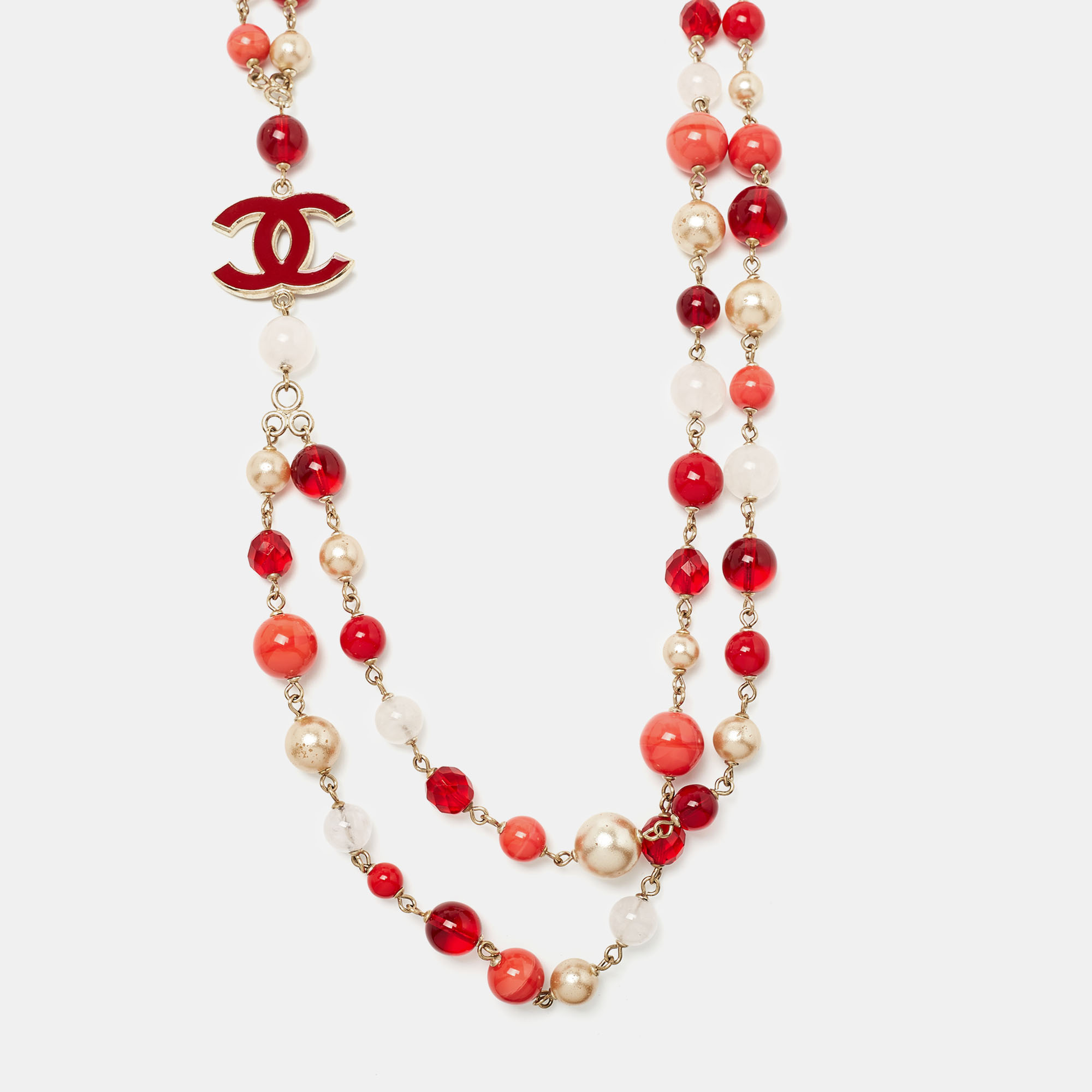 

Chanel Multicolour Beads CC Double Stranded Long necklace, Red