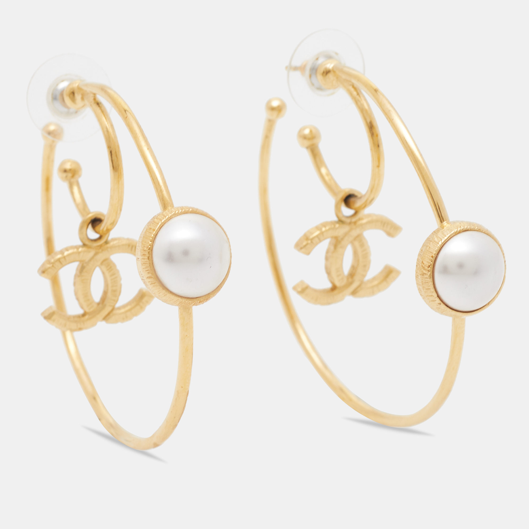 Chanel Gold Tone Faux Pearl CC Charm Hoop Earrings
