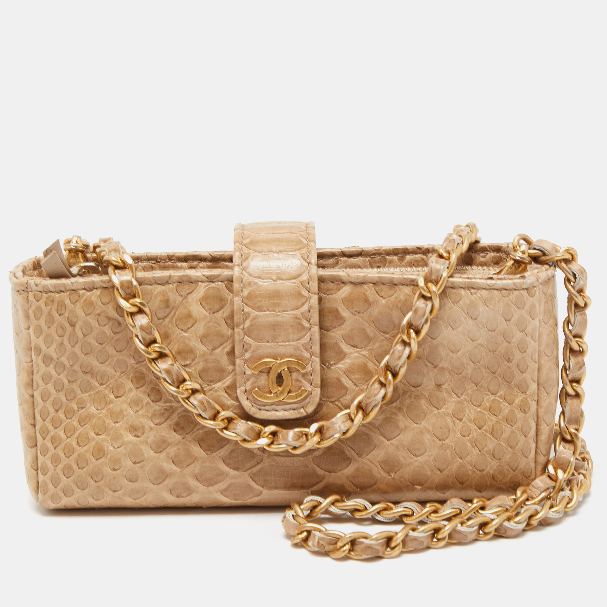Chanel Light Gold Python O-Phone Holder Chain Pouch