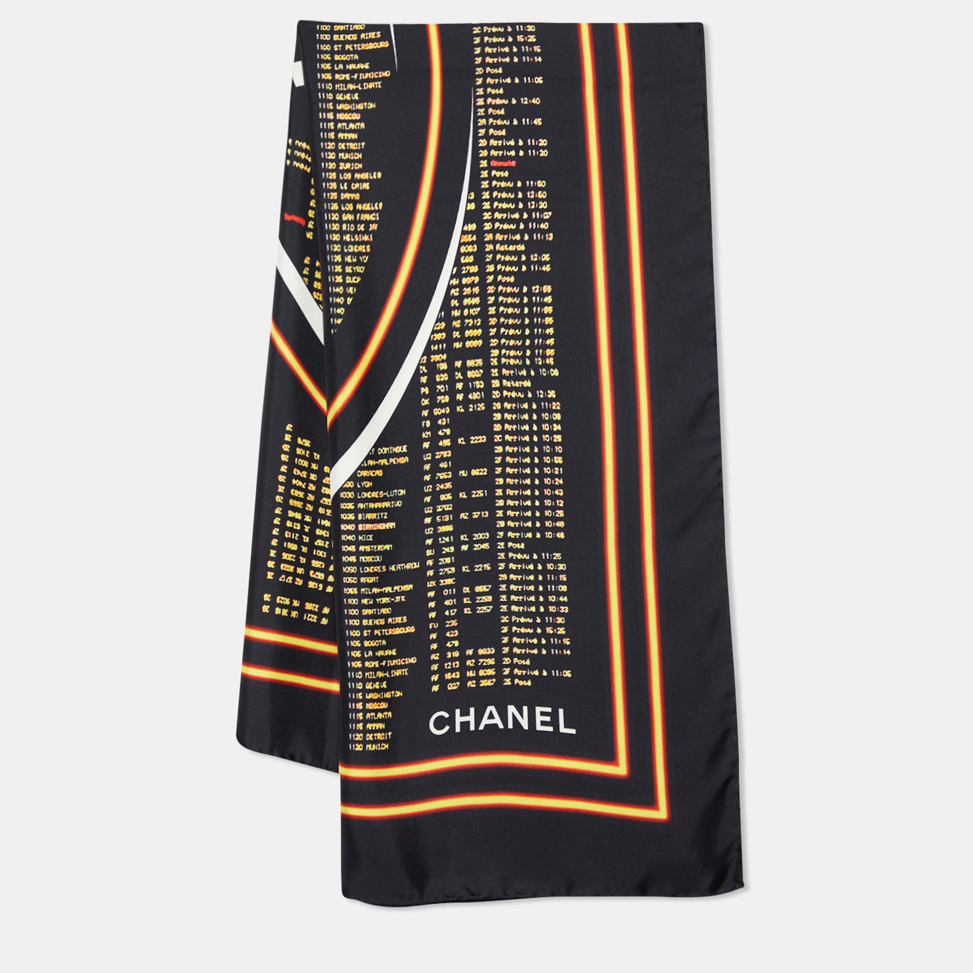 Chanel Black Departures Board Printed Silk Square Scarf