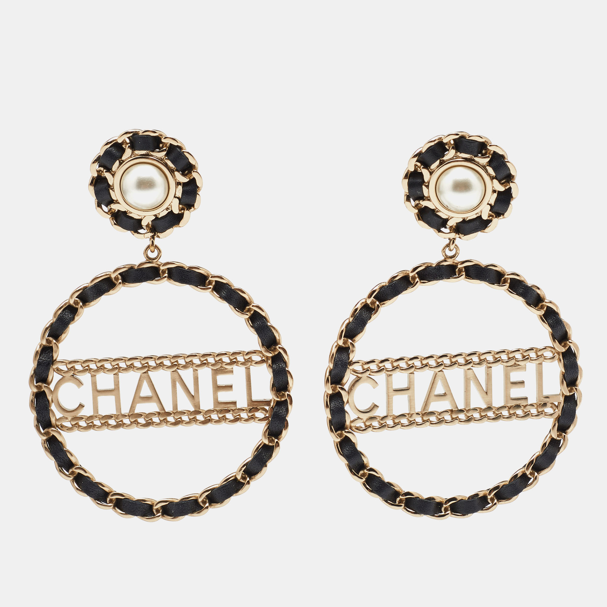 

Chanel Black Leather Chain Detail Gold Tone Hoop Earrings