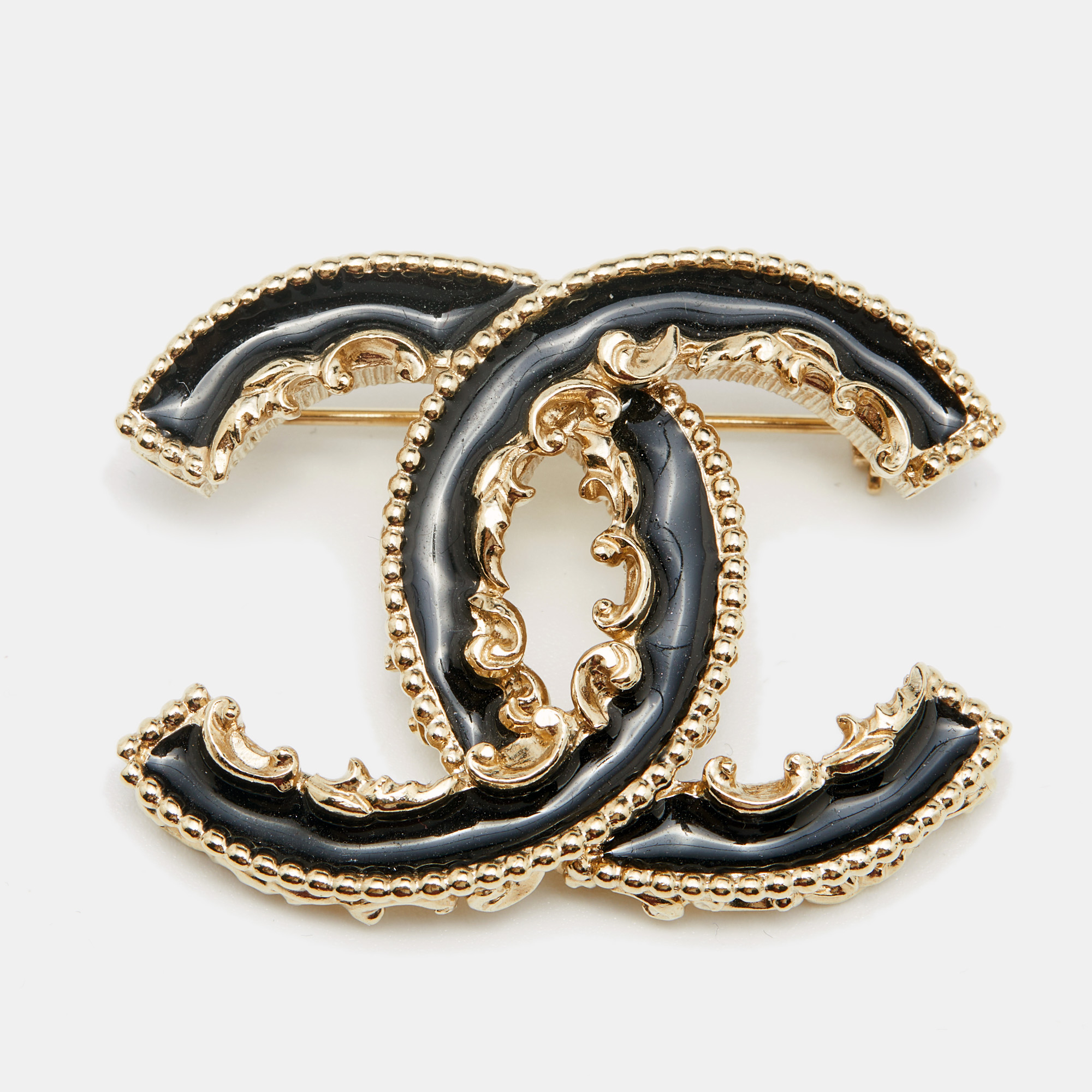 Chanel Black Enamel CC Baroque Pin Brooch