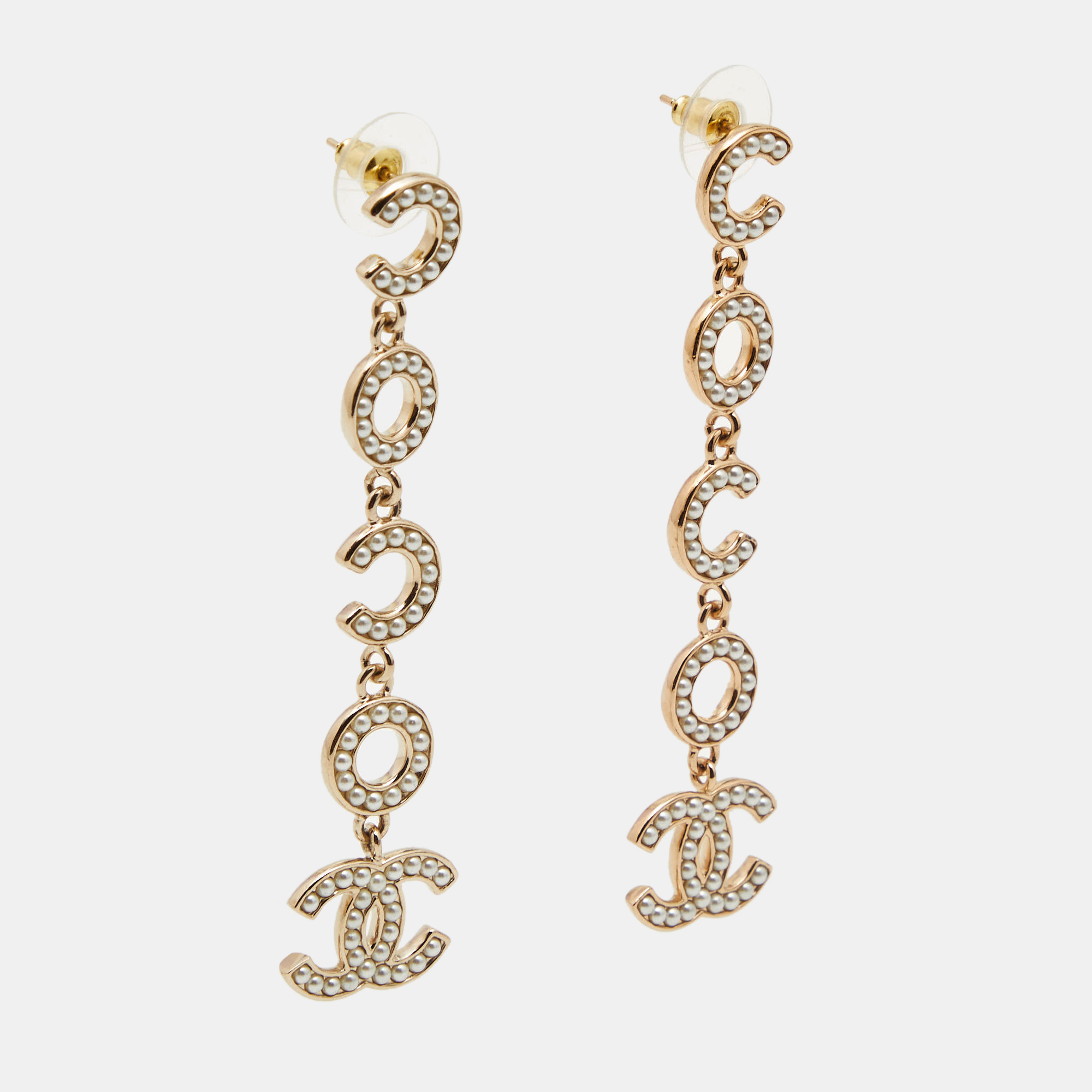 

Chanel Coco Faux Pearl Gold Tone Drop Earrings