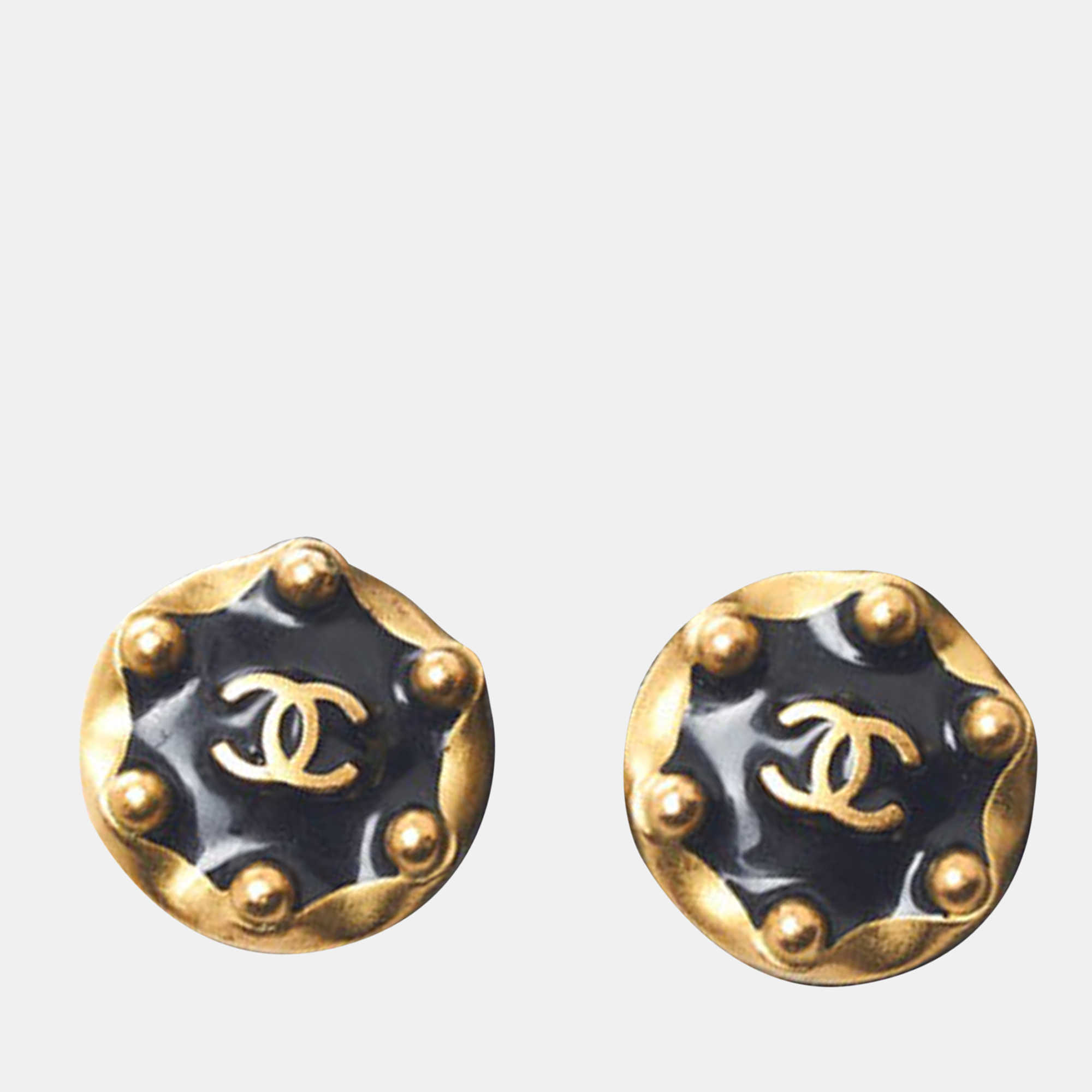 

Chanel Black Yellow Gold Tone Metal CC Logo Round Stud Earrings