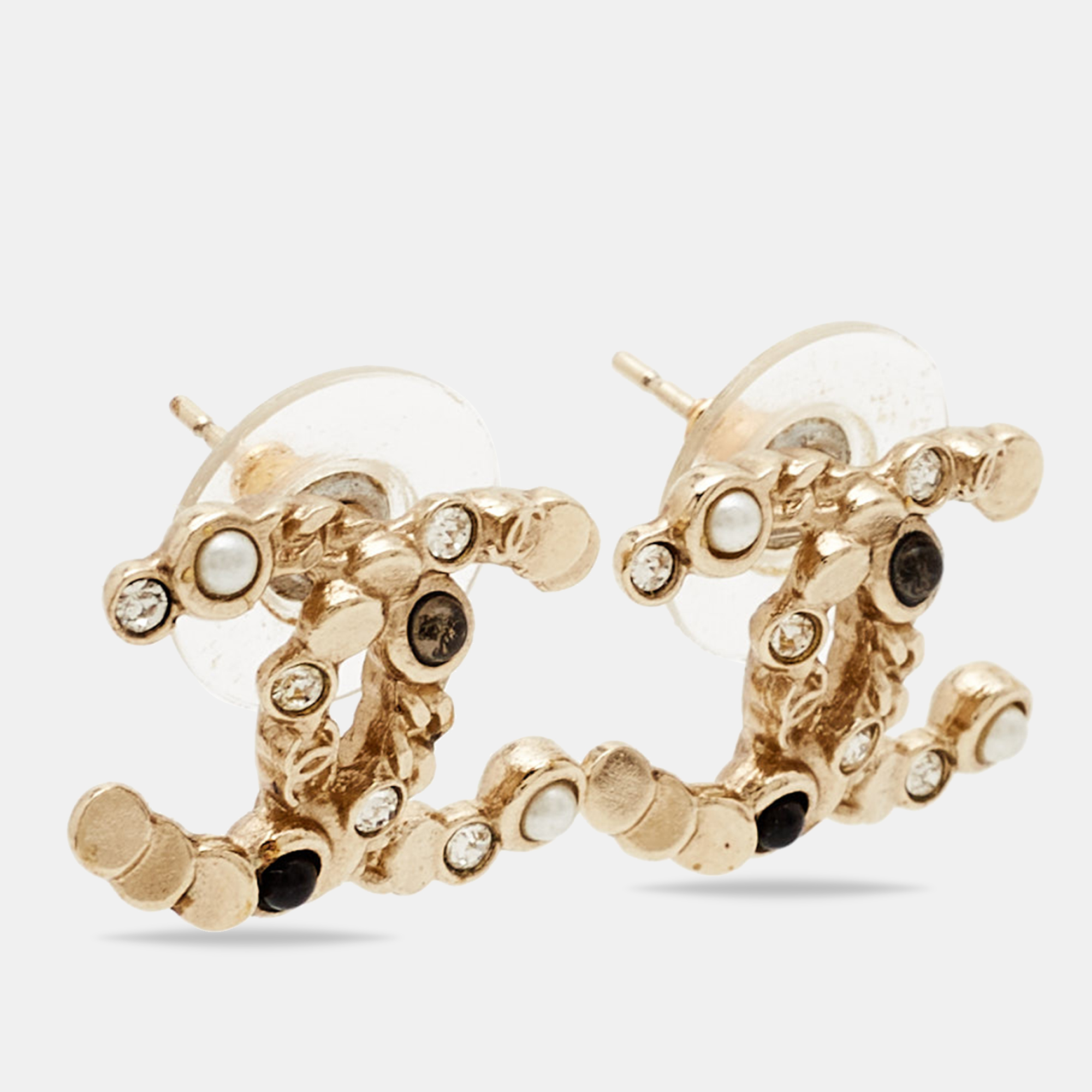 

Chanel CC Faux Pearl Glass Crystal Gold Tone Earrings