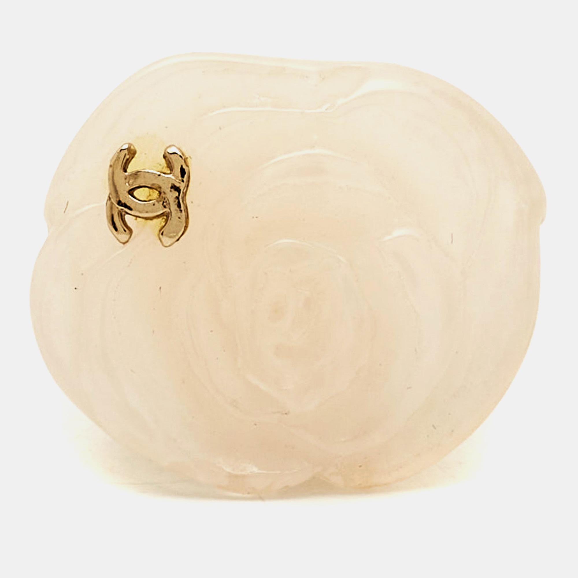 

Chanel Camellia Resin Gold Tone Ring Size