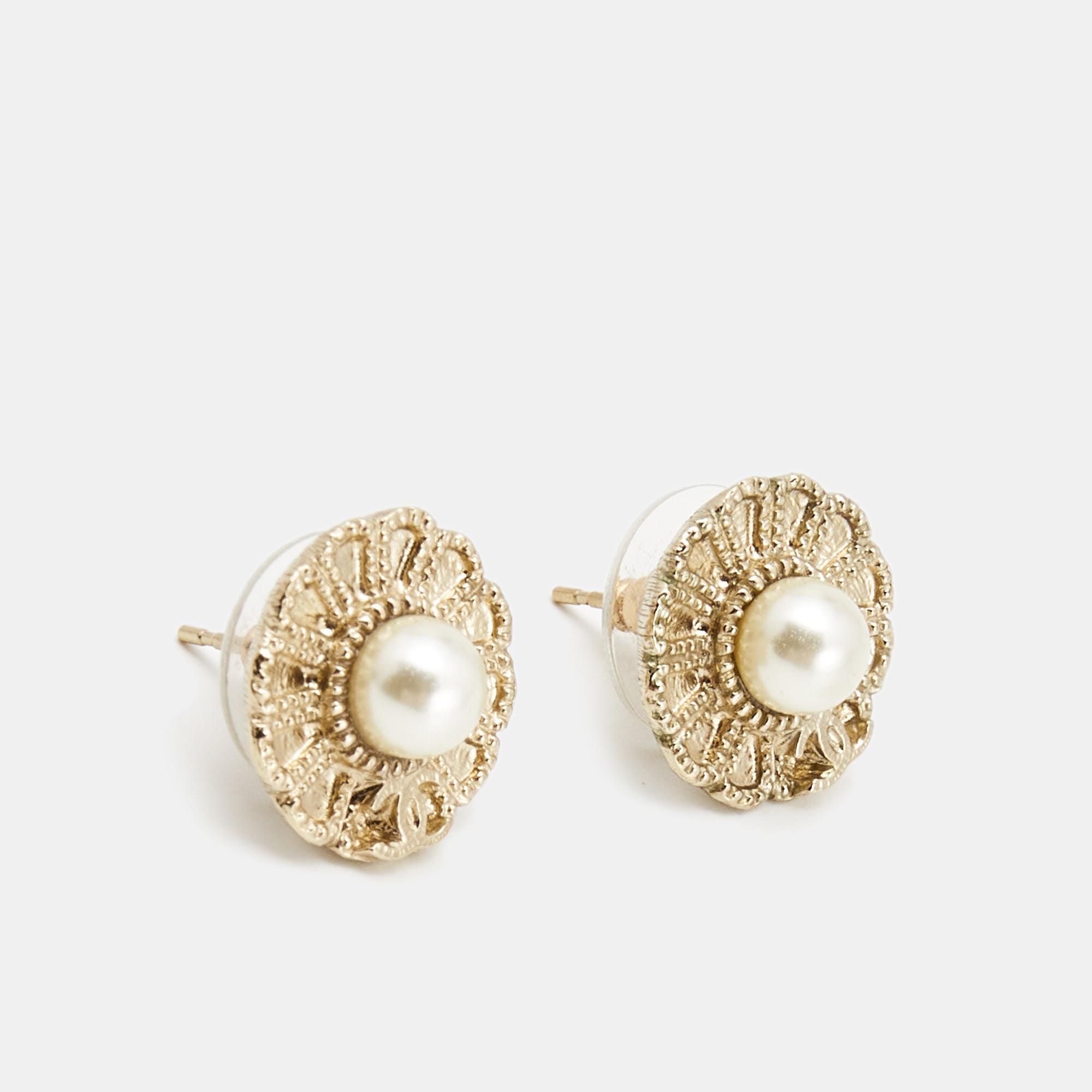

Chanel CC Faux Pearl Gold Tone Earrings