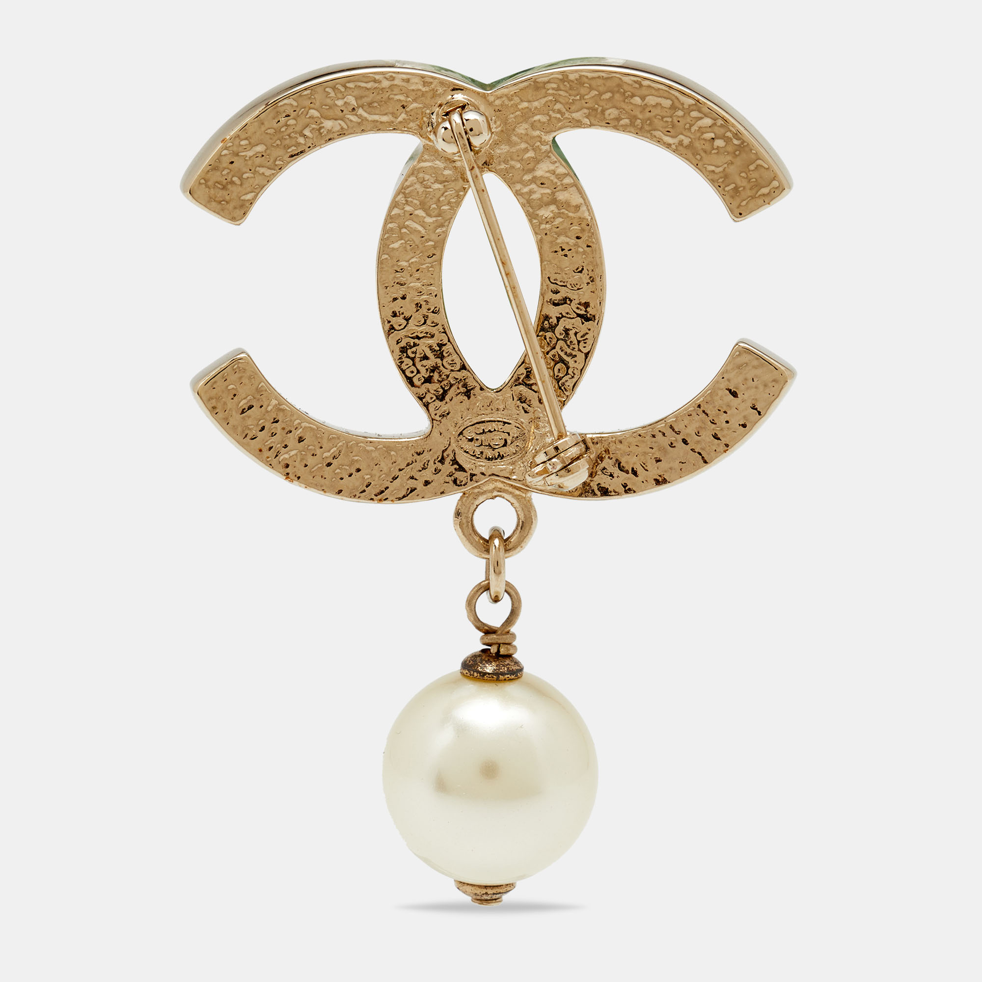 

Chanel Gold Tone CC Faux Pearl Drop Brooch