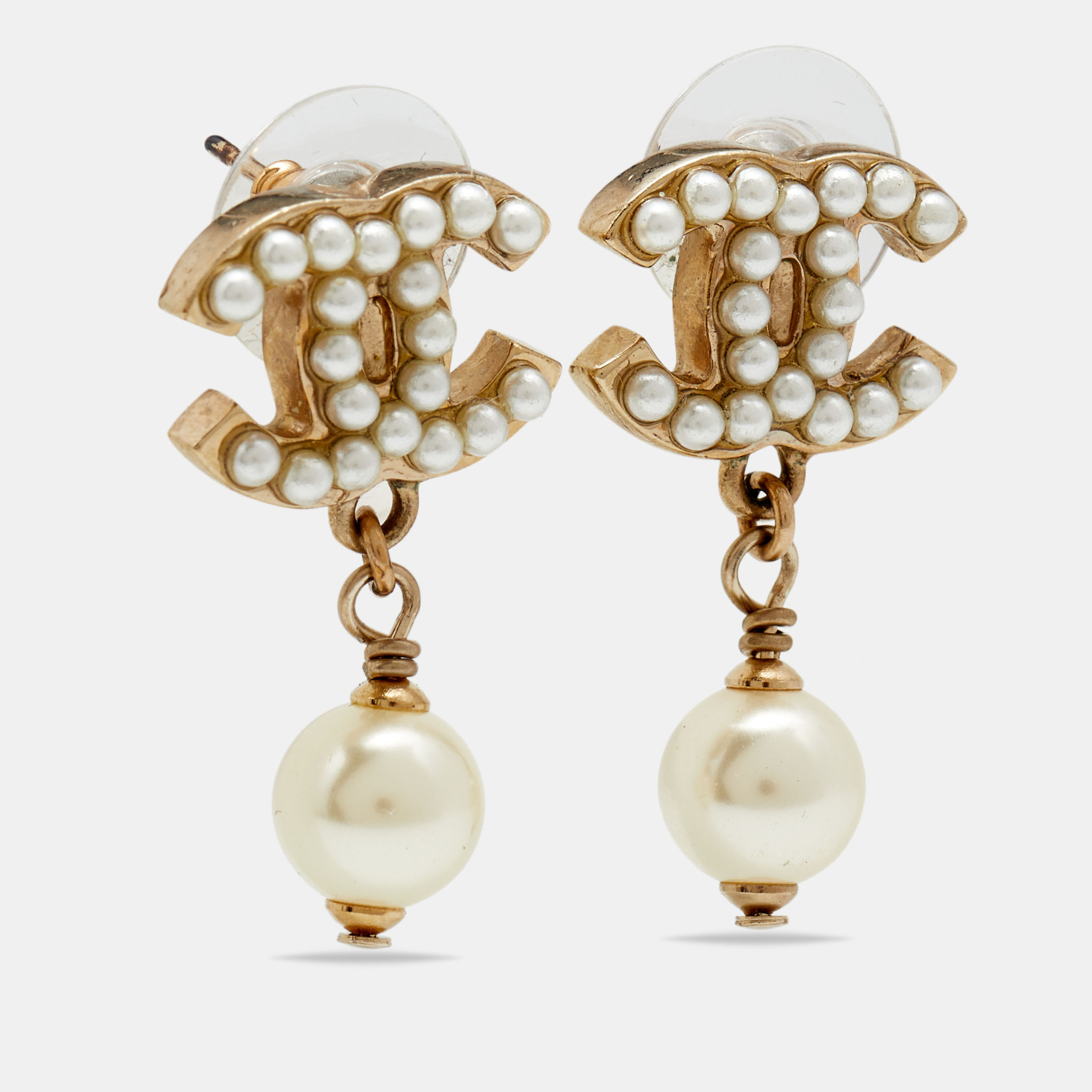 

Chanel Gold Tone Faux Pearl CC Drop Earrings