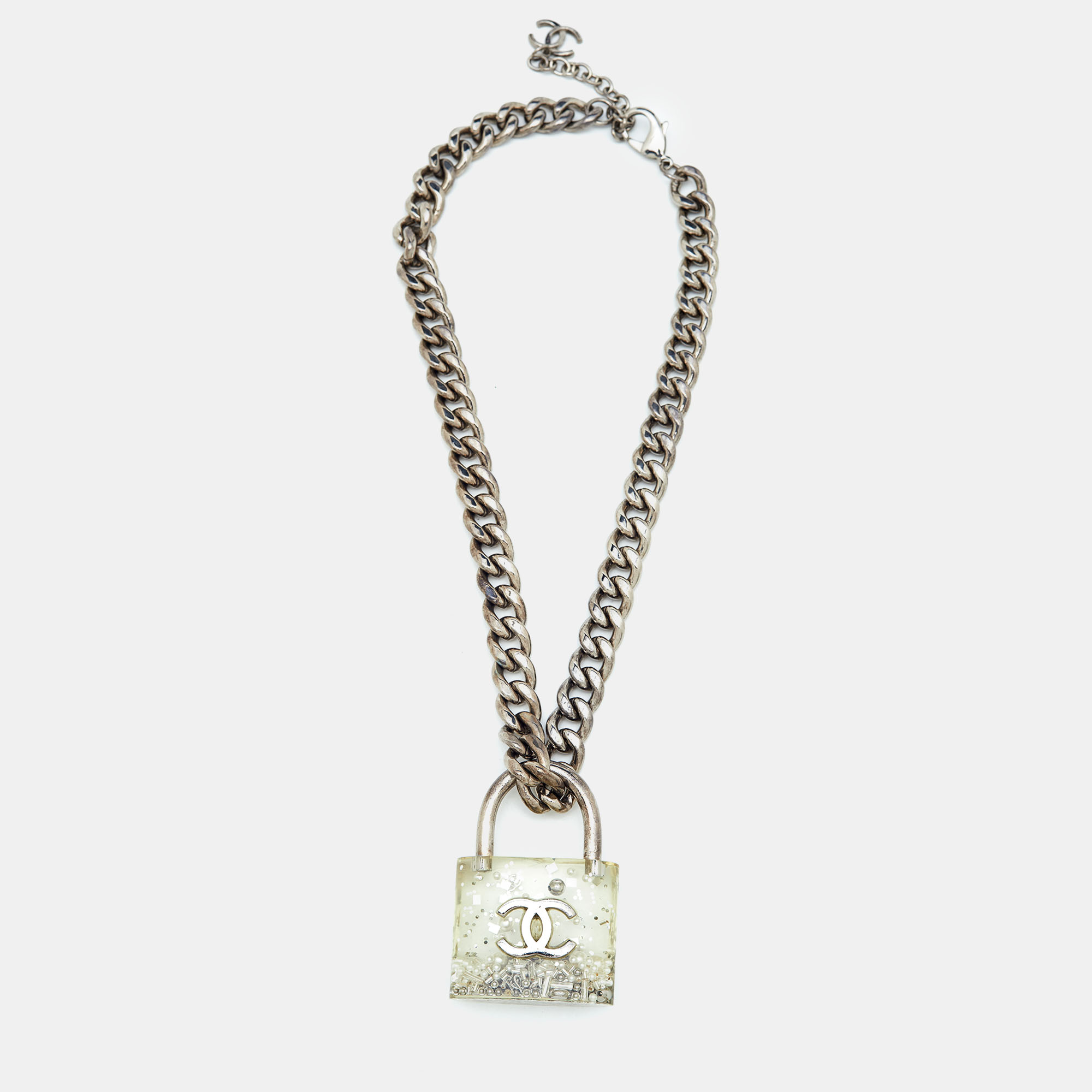 

Chanel Clear Plexiglass & Beaded Padlock Gunmetal Chain Necklace, Transparent