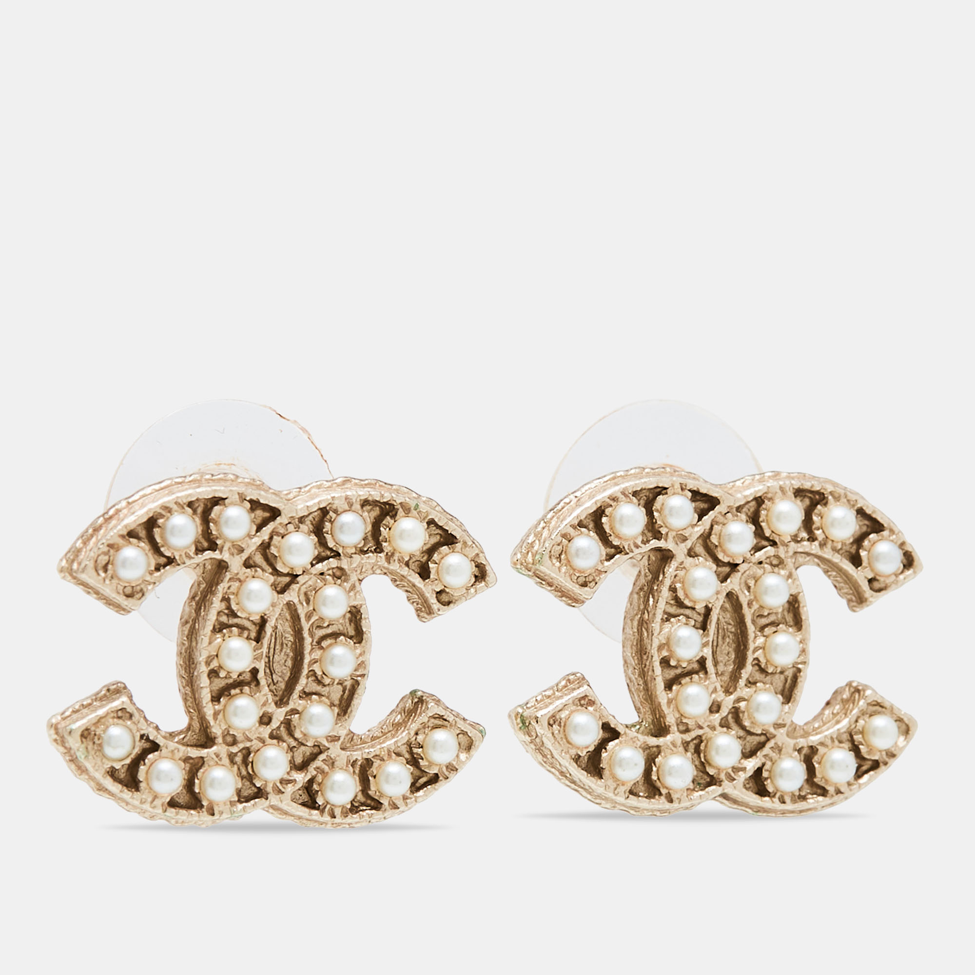 

Chanel CC Faux Pearl Gold Tone Earrings