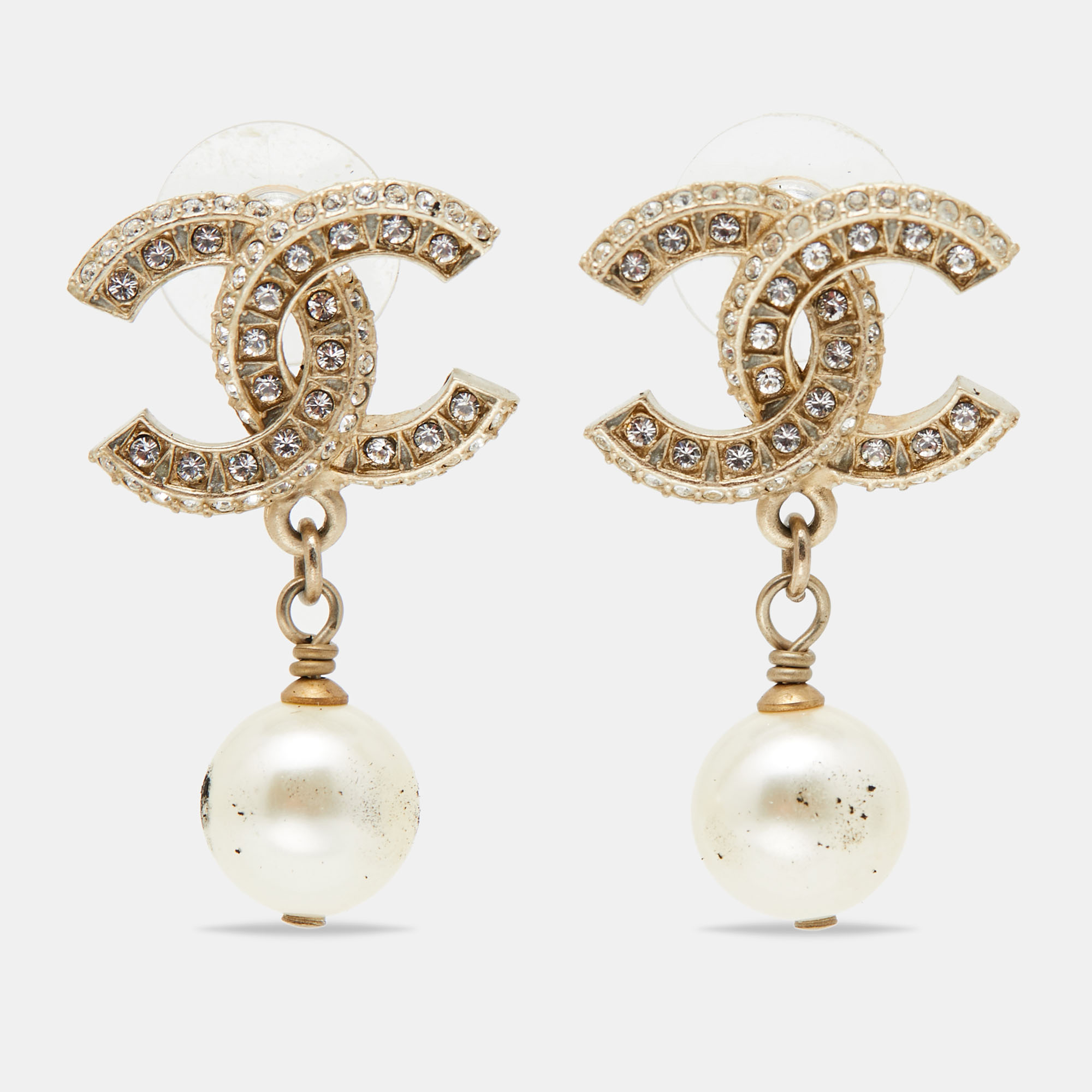 Chanel CC Faux Pearl Crystal Gold Tone Drop Earrings