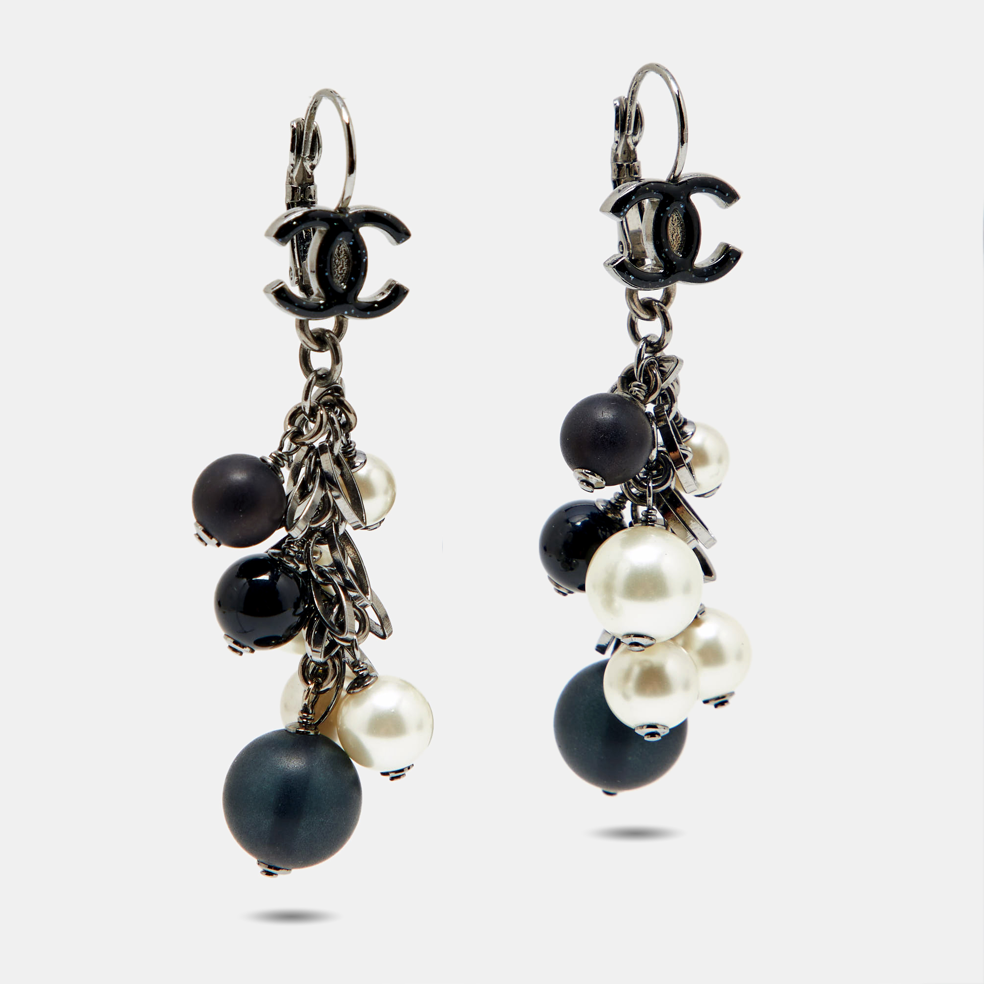 

Chanel White Faux Pearl & Black Beads CC Dangle Earrings