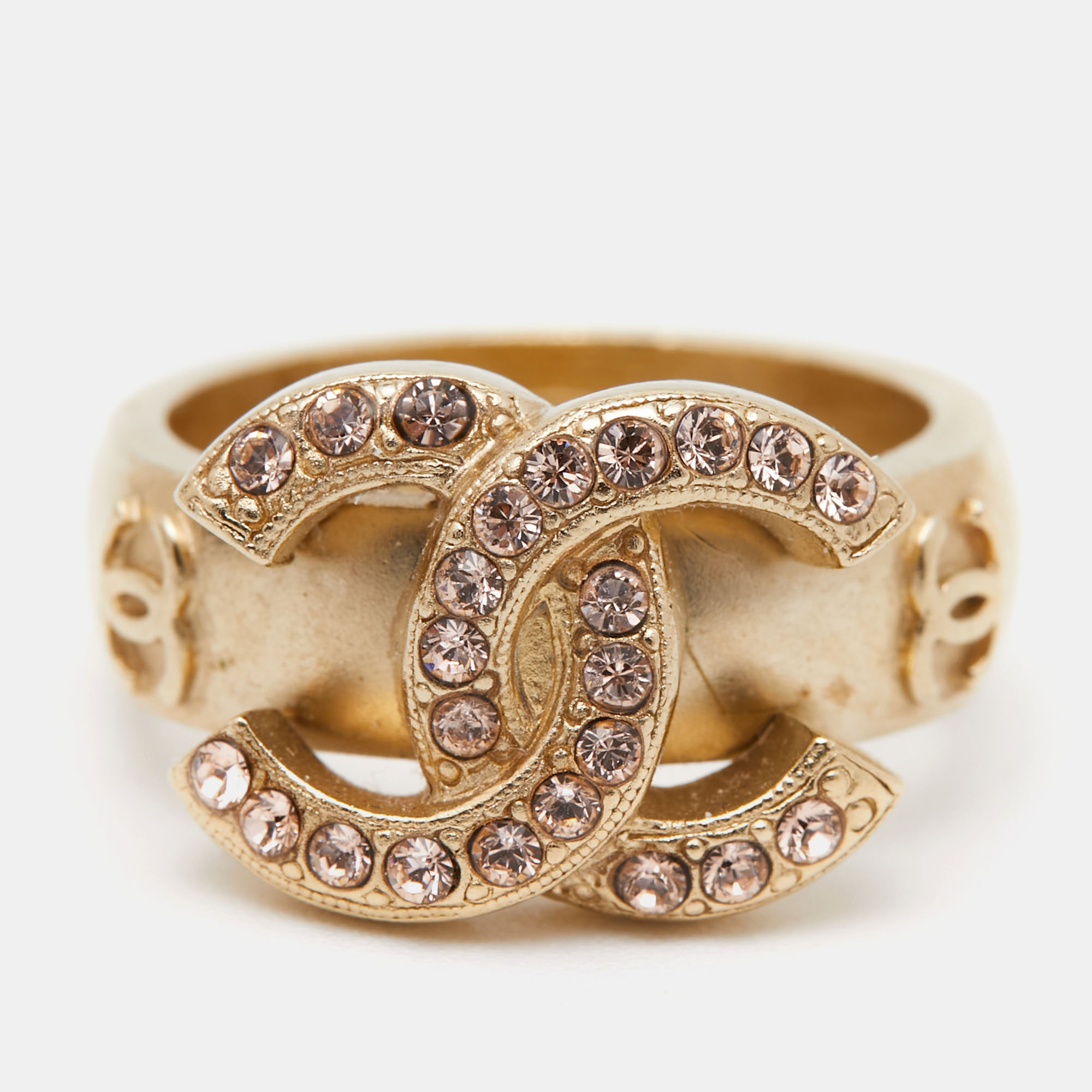 

Chanel Gold Tone Crystal CC Ring Size EU 54.5, Pink