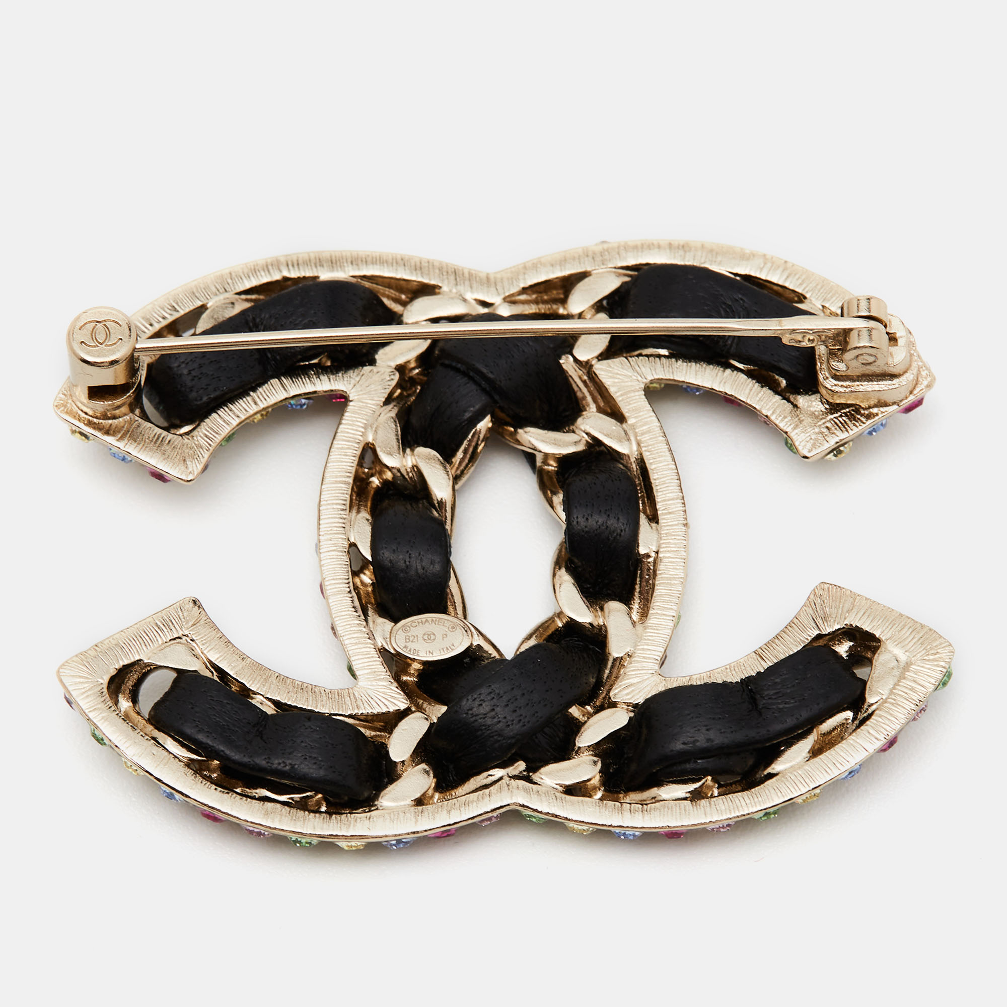 

Chanel CC Crystals Leather Gold Tone Brooch