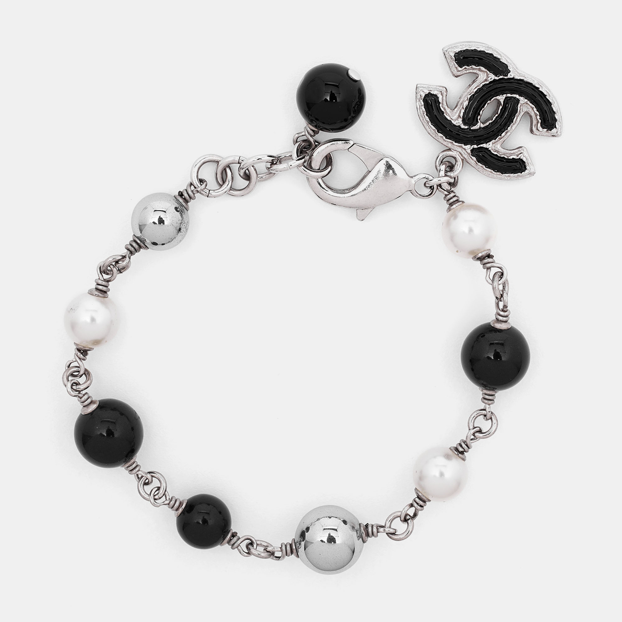 

Chanel CC Enamel Faux Pearl Beads Silver Tone Bracelet