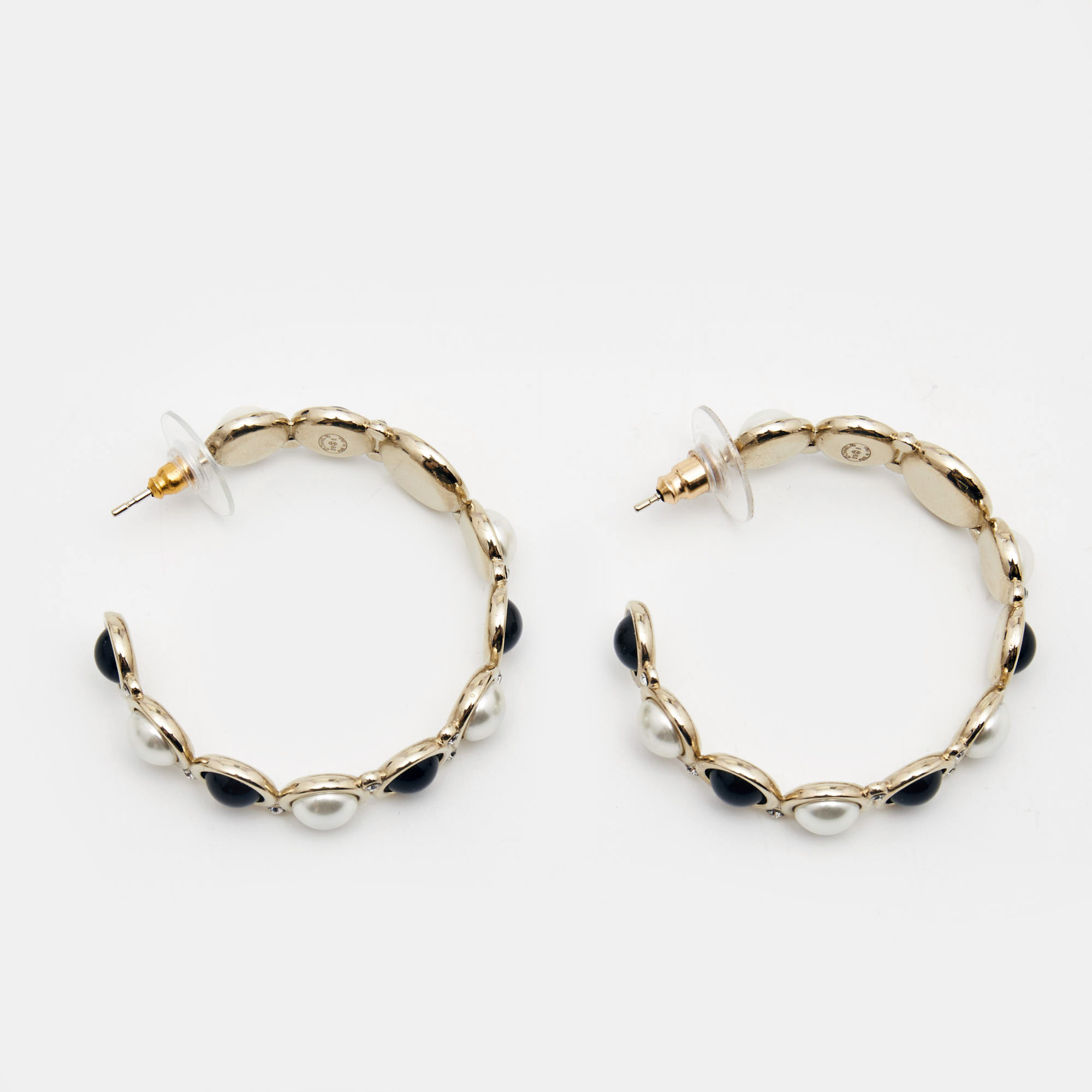 

Chanel CC Faux Pearl Obsidian Crystals Gold Tone Hoop Earrings