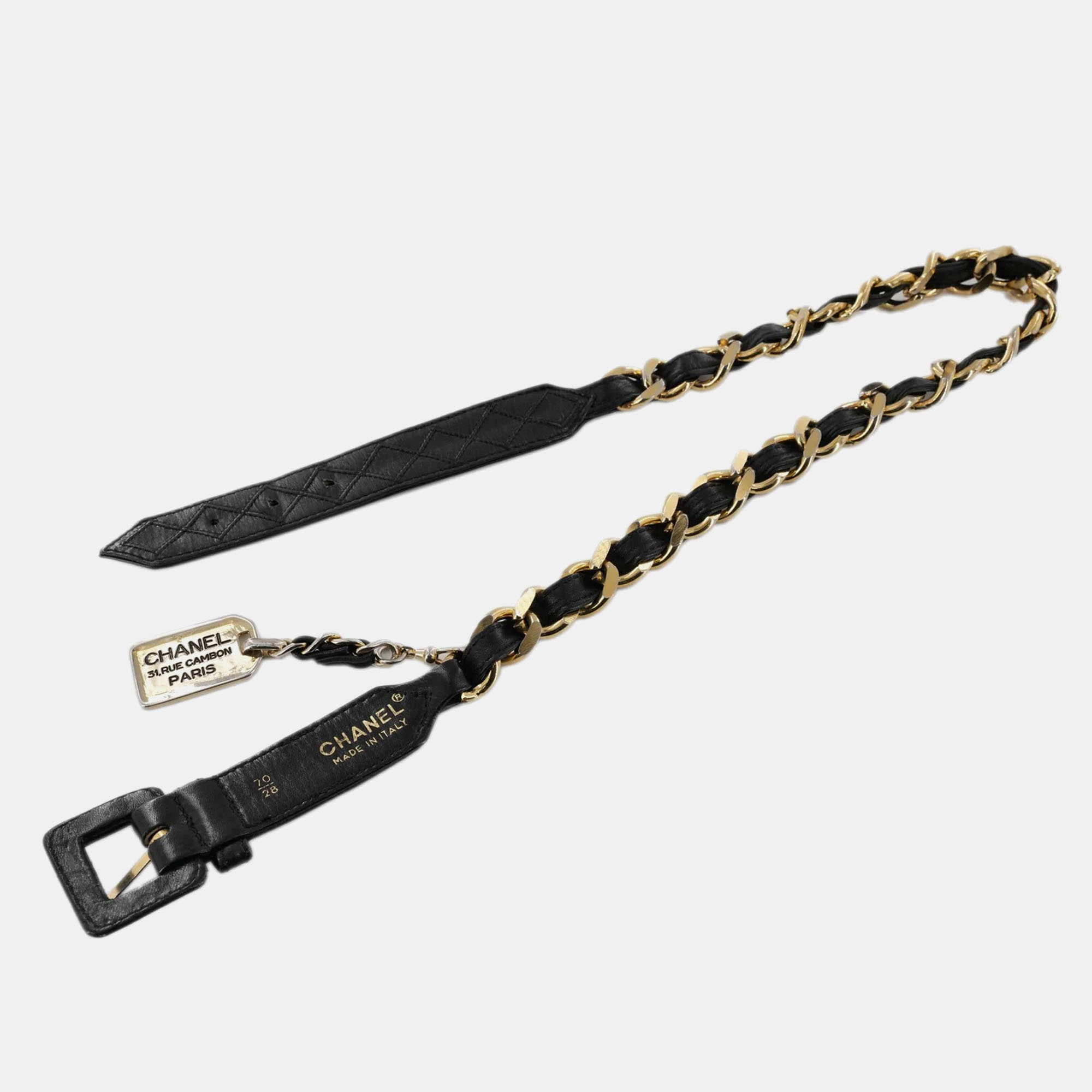 Pre-owned Chanel Vintage Black Leather Gold Chain Belt