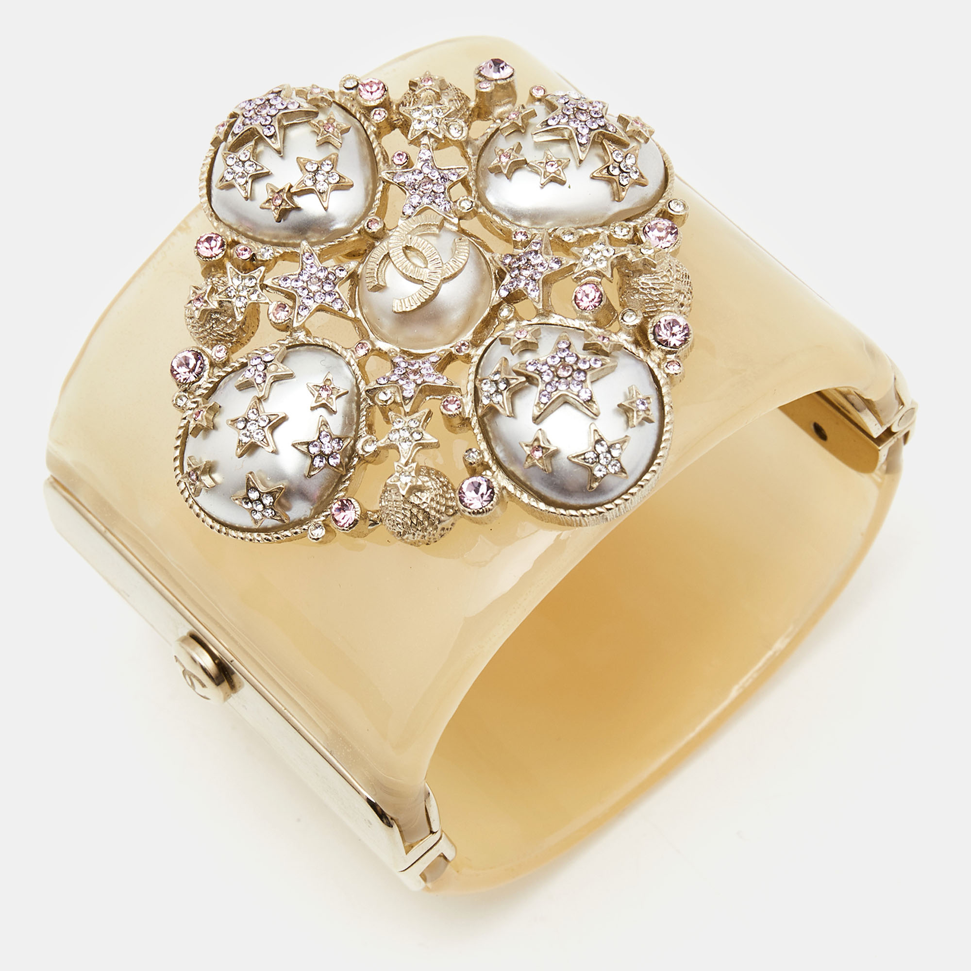 

Chanel CC Faux Pearl Crystals Resin Gold Tone Cuff Bracelet