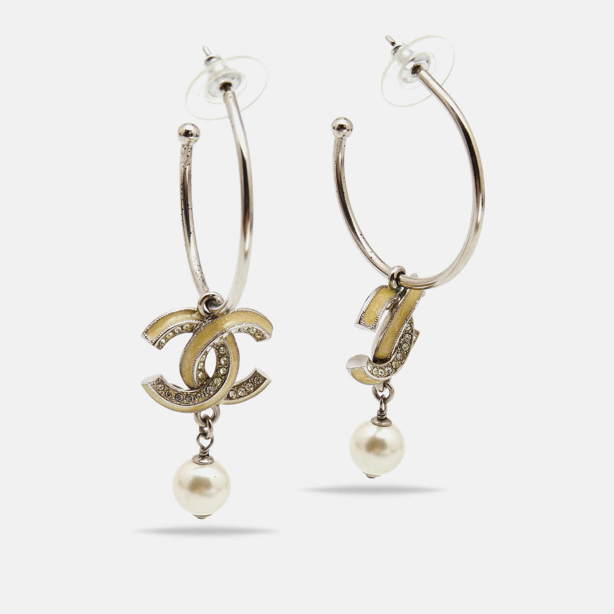 

Chanel CC Crystal Enamel Faux Pearl Silver Tone Earrings