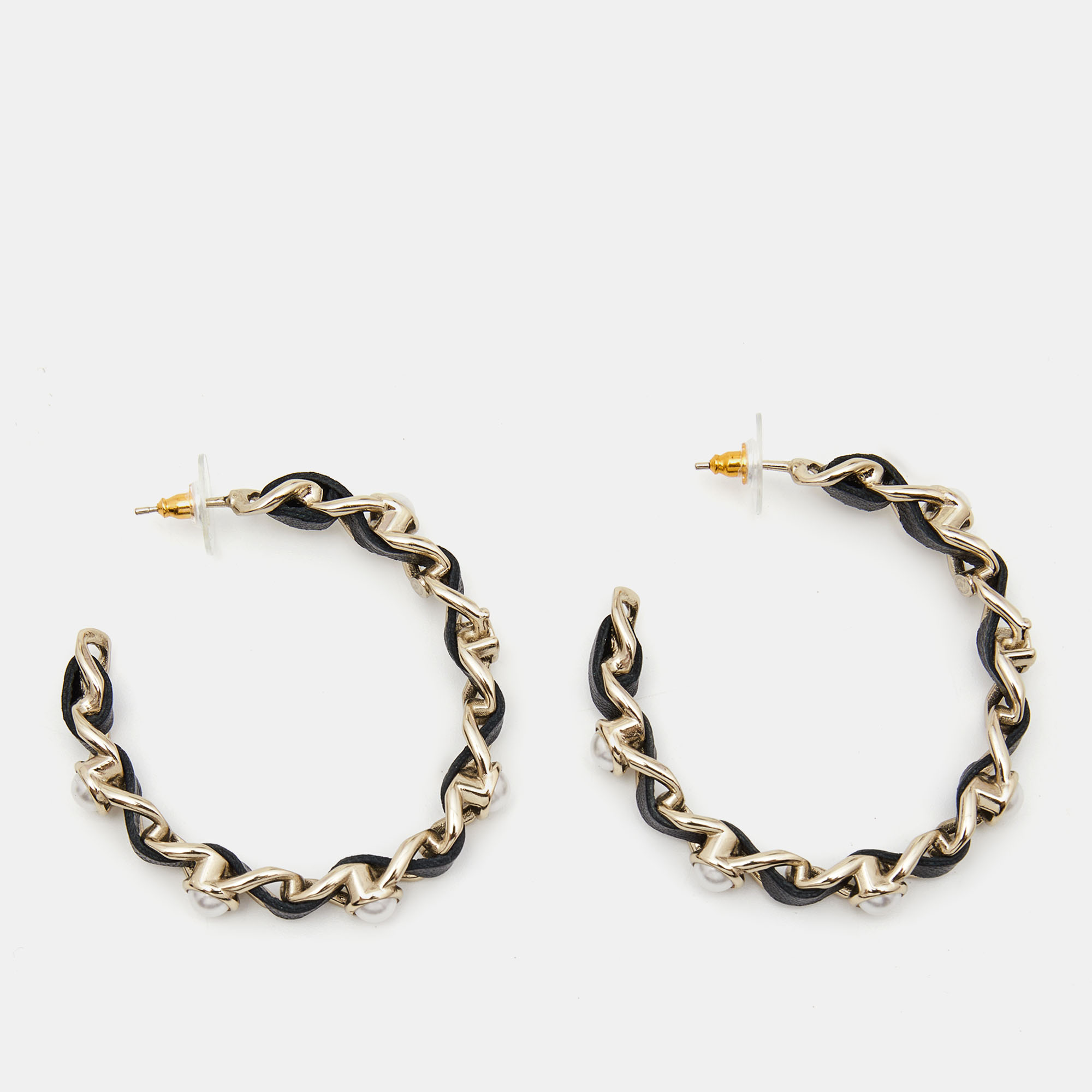 

Chanel CC Leather Faux Pearl Gold Tone Earrings