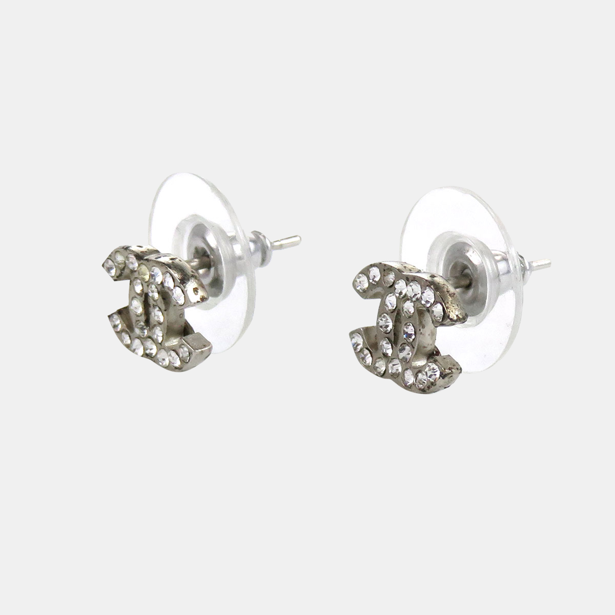 

Chanel Silver Metal CC Rhinestone Earrings