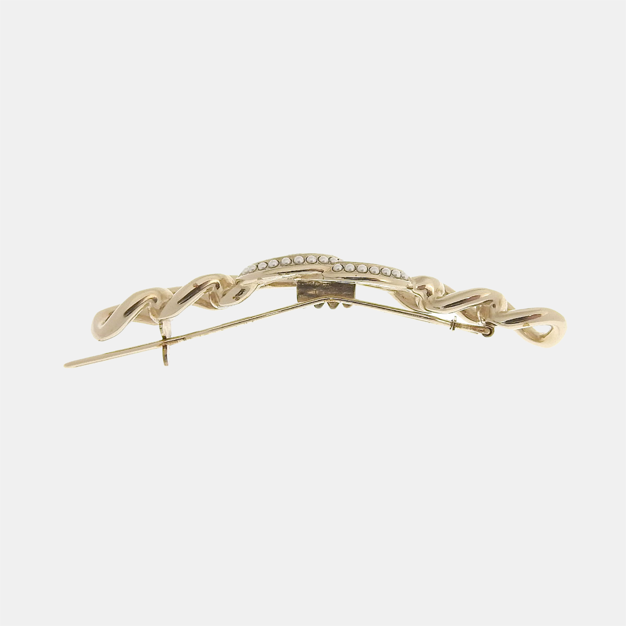 

Chanel Gold Metal CC Faux Pearl Barrette Hair Accessory