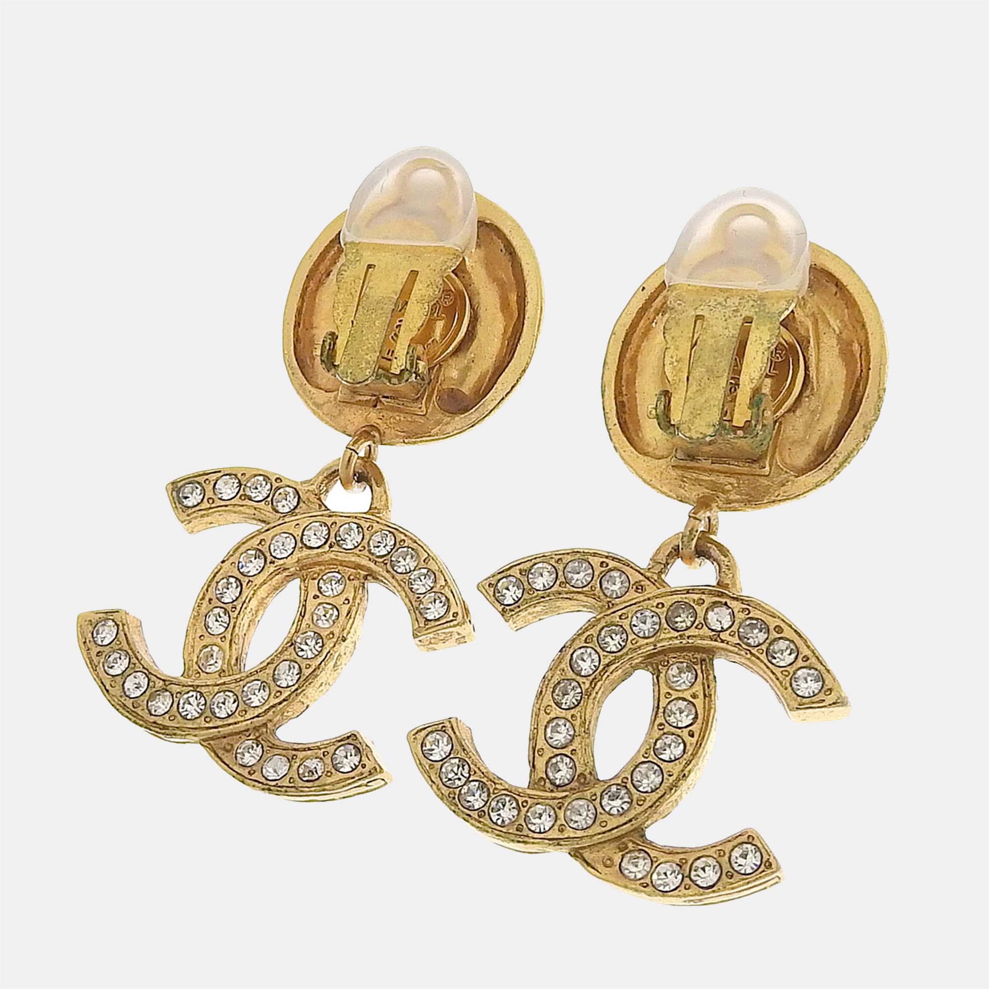 

Chanel Gold Metal CC Rhinestone Swing Earrings